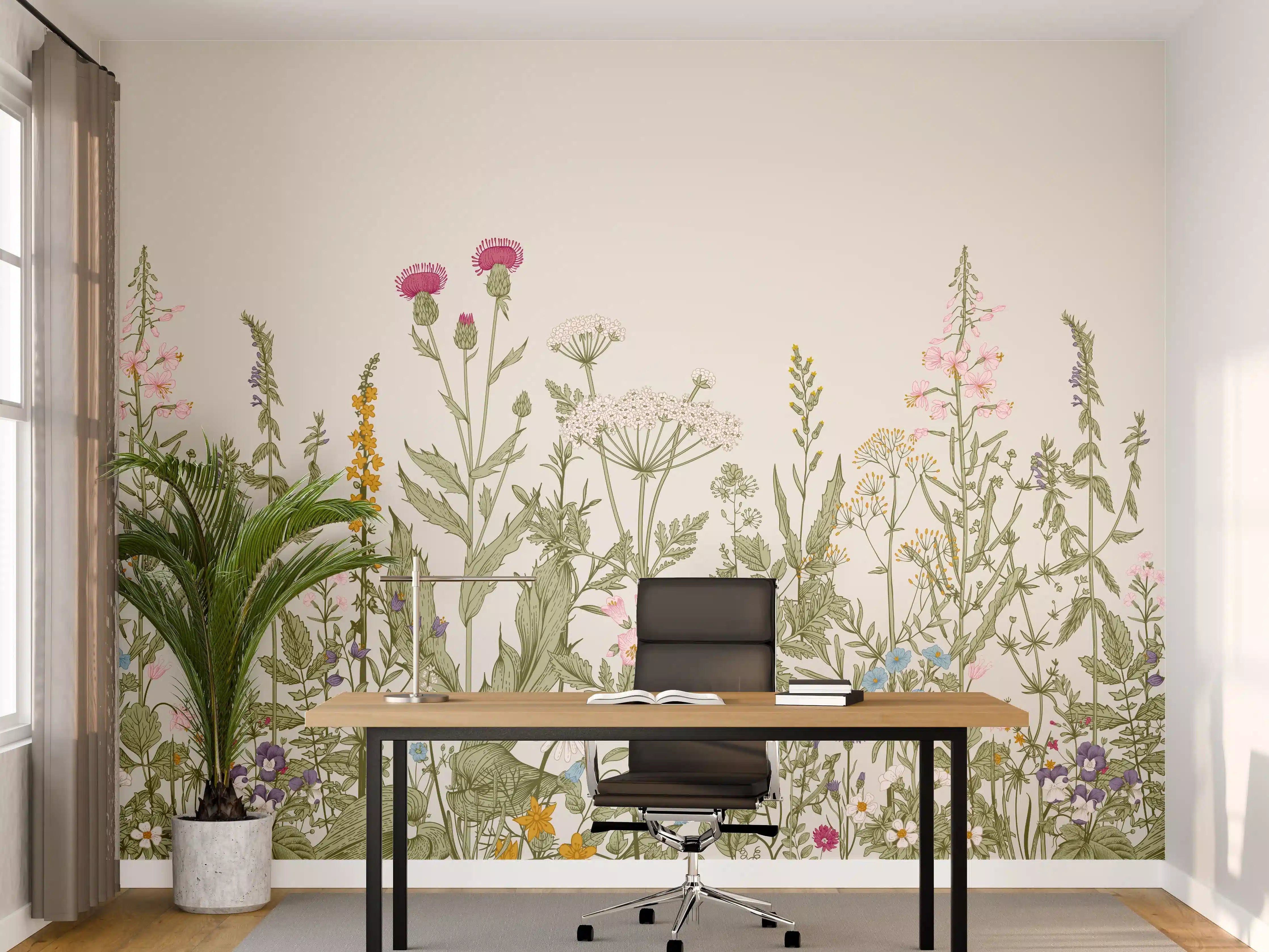 Büro Wandgestaltung - Vintage Wiesenblumen Bordüre Beige-Grün