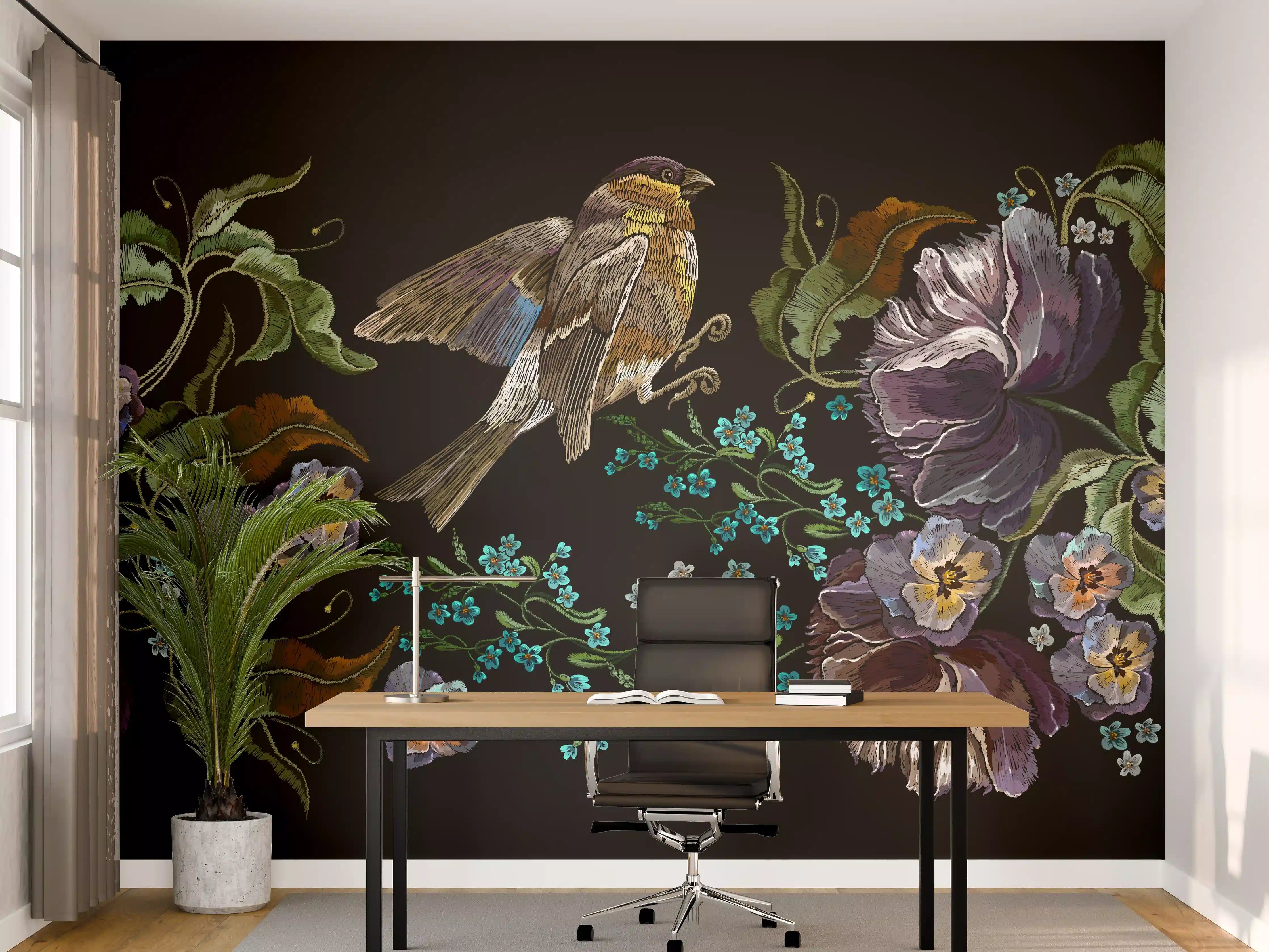 Büro Wandgestaltung - Violette Blumen Vogelmuster Stickerei