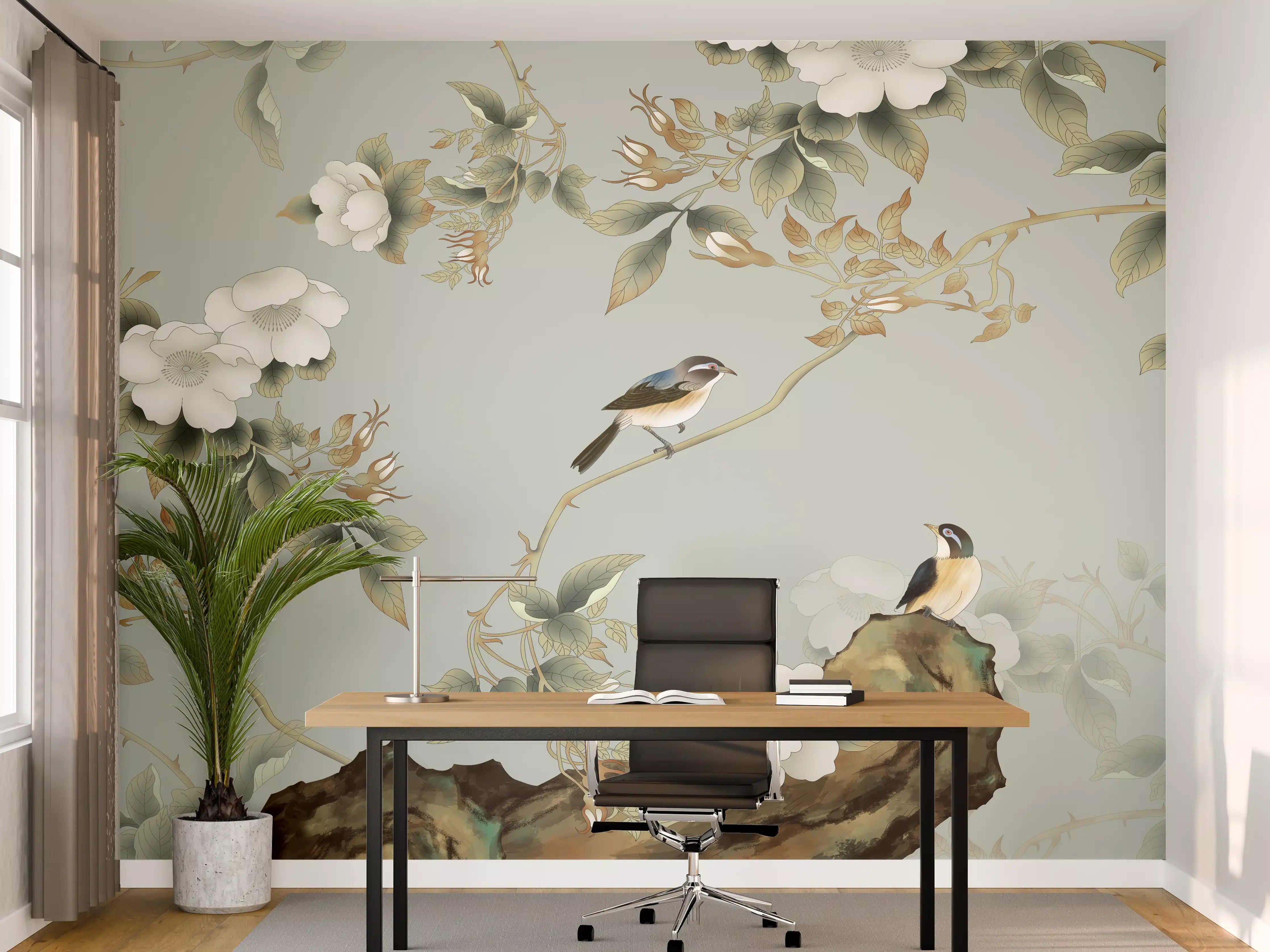 Büro Wandgestaltung - Vögel Natur Illustration auf grauem Hintergrund