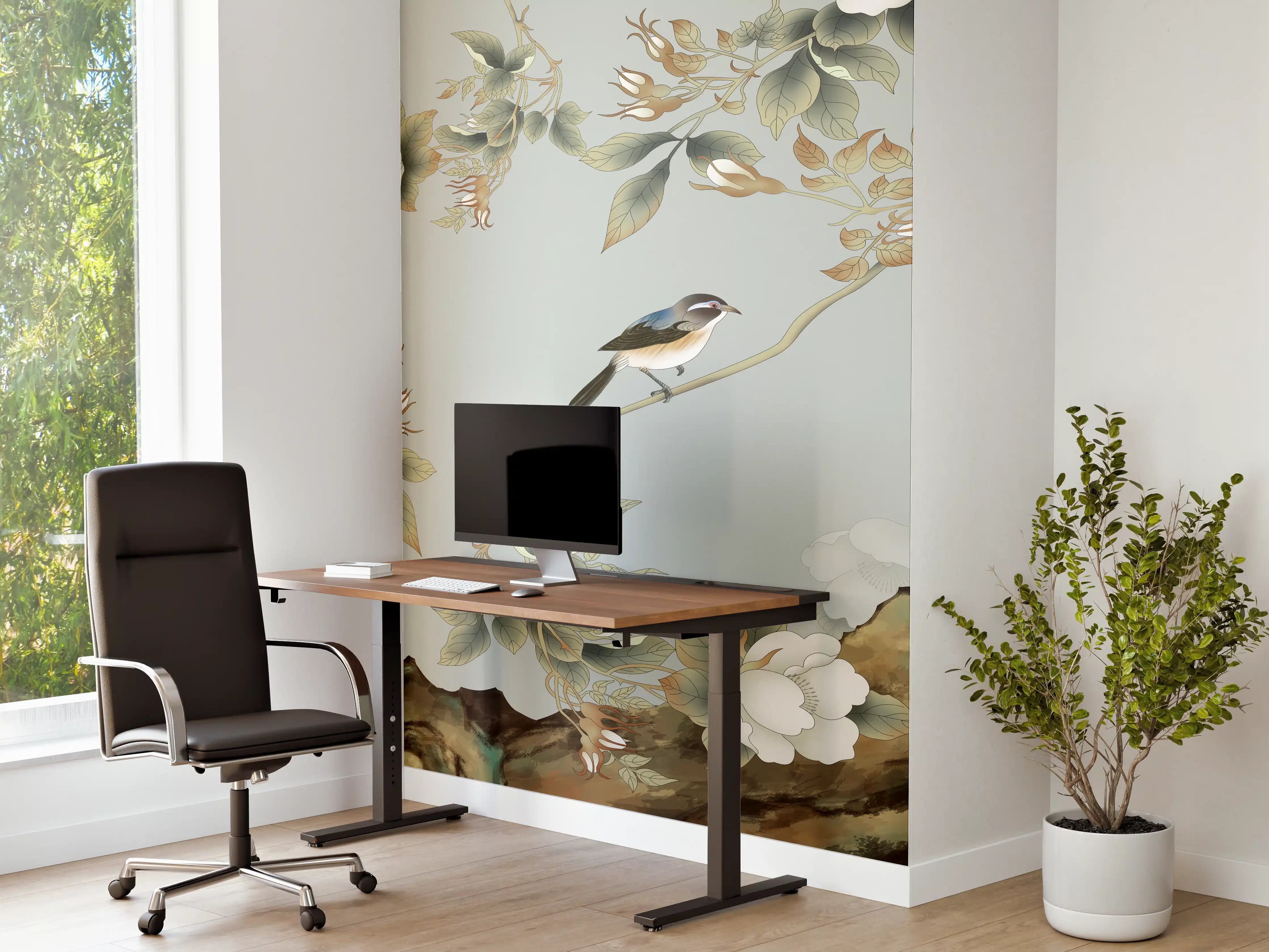 Büro Wandgestaltung - Vögel Natur Illustration auf grauem Hintergrund