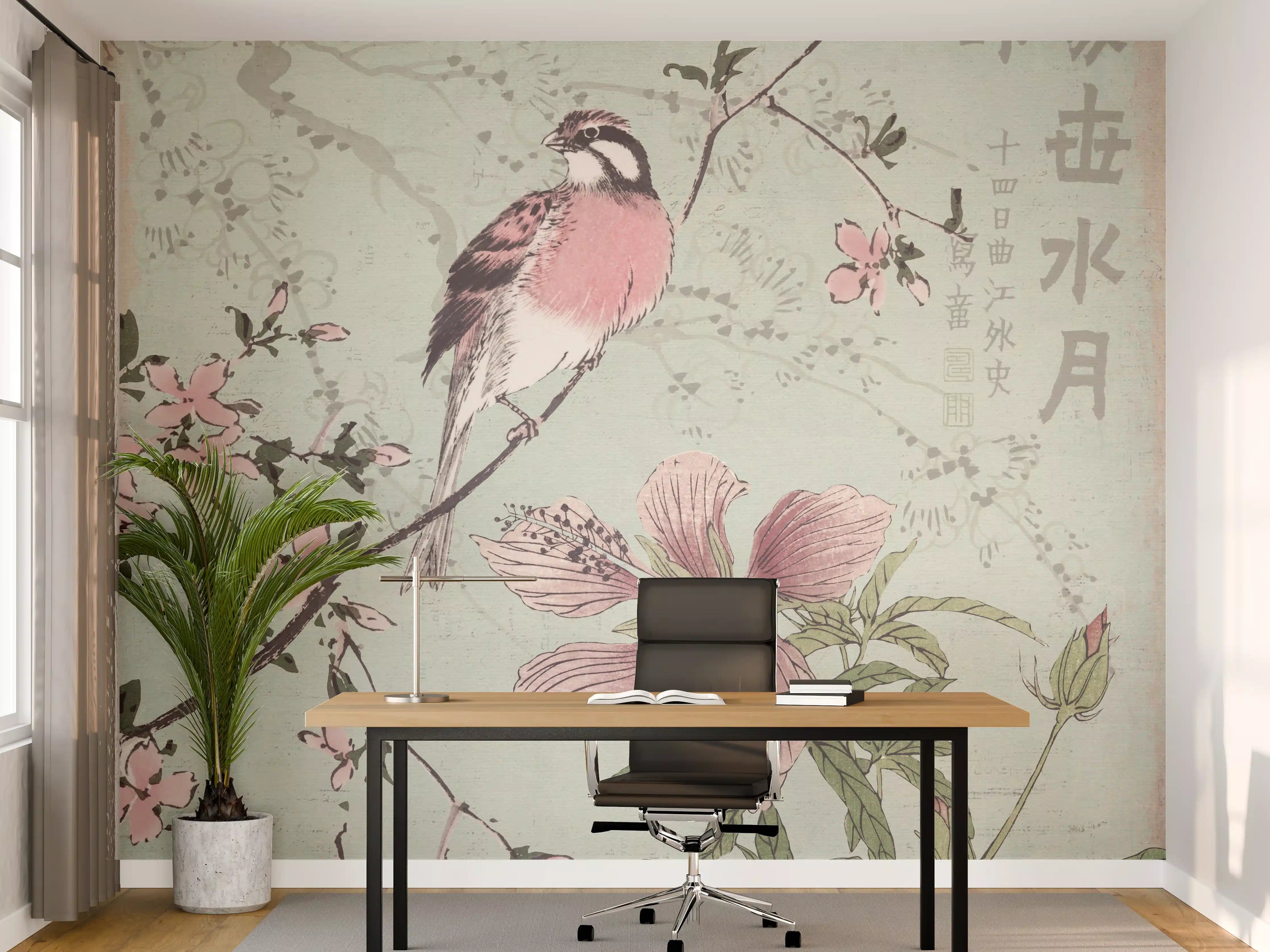 Büro Wandgestaltung - Vogel Zeichnung - Floral