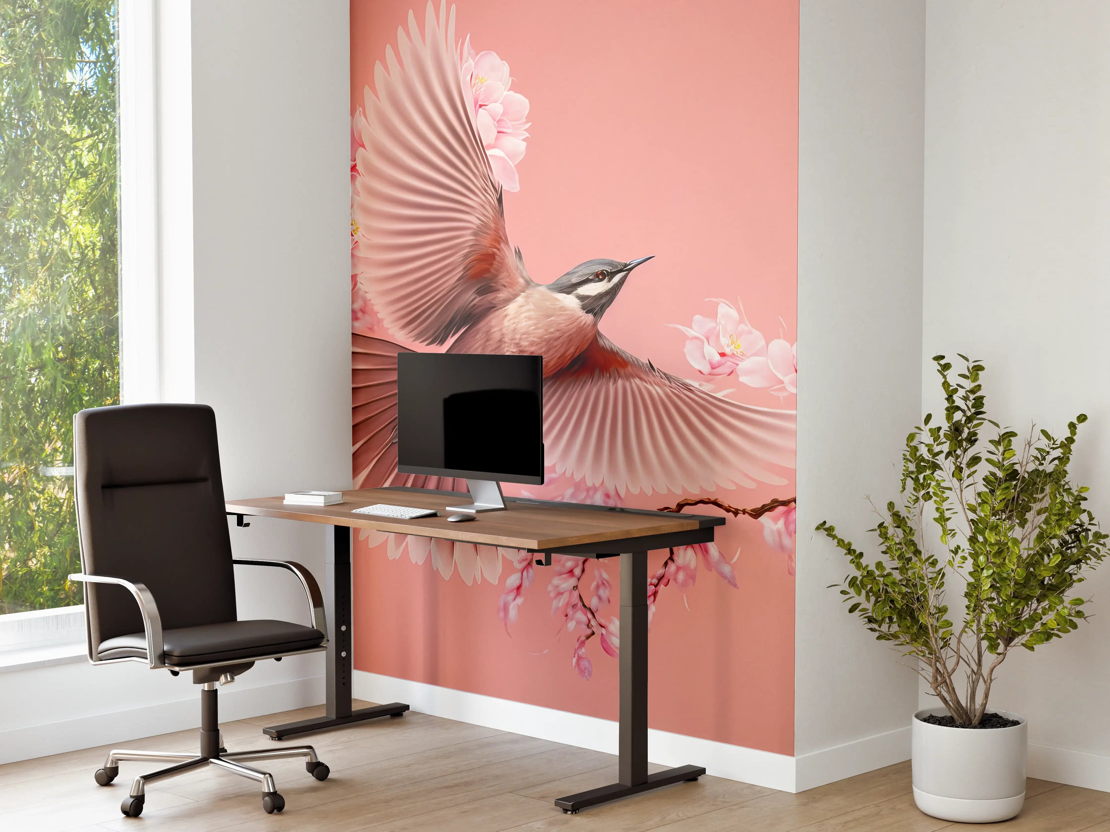 Büro Wandgestaltung - Vogel und Kirschblüten Pink