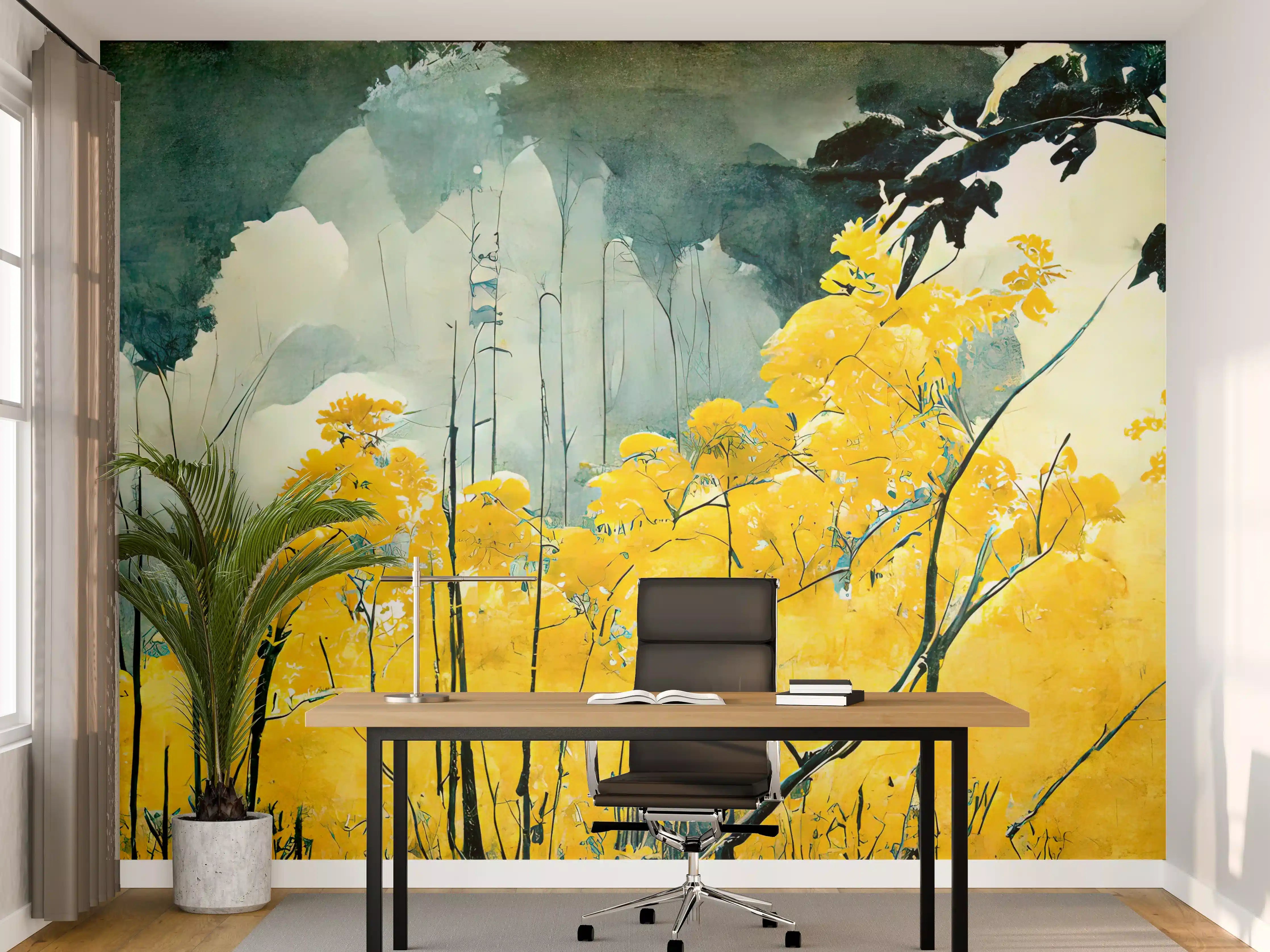 Büro Wandgestaltung - Warme Herbstlandschaft mit gelben Bäumen
