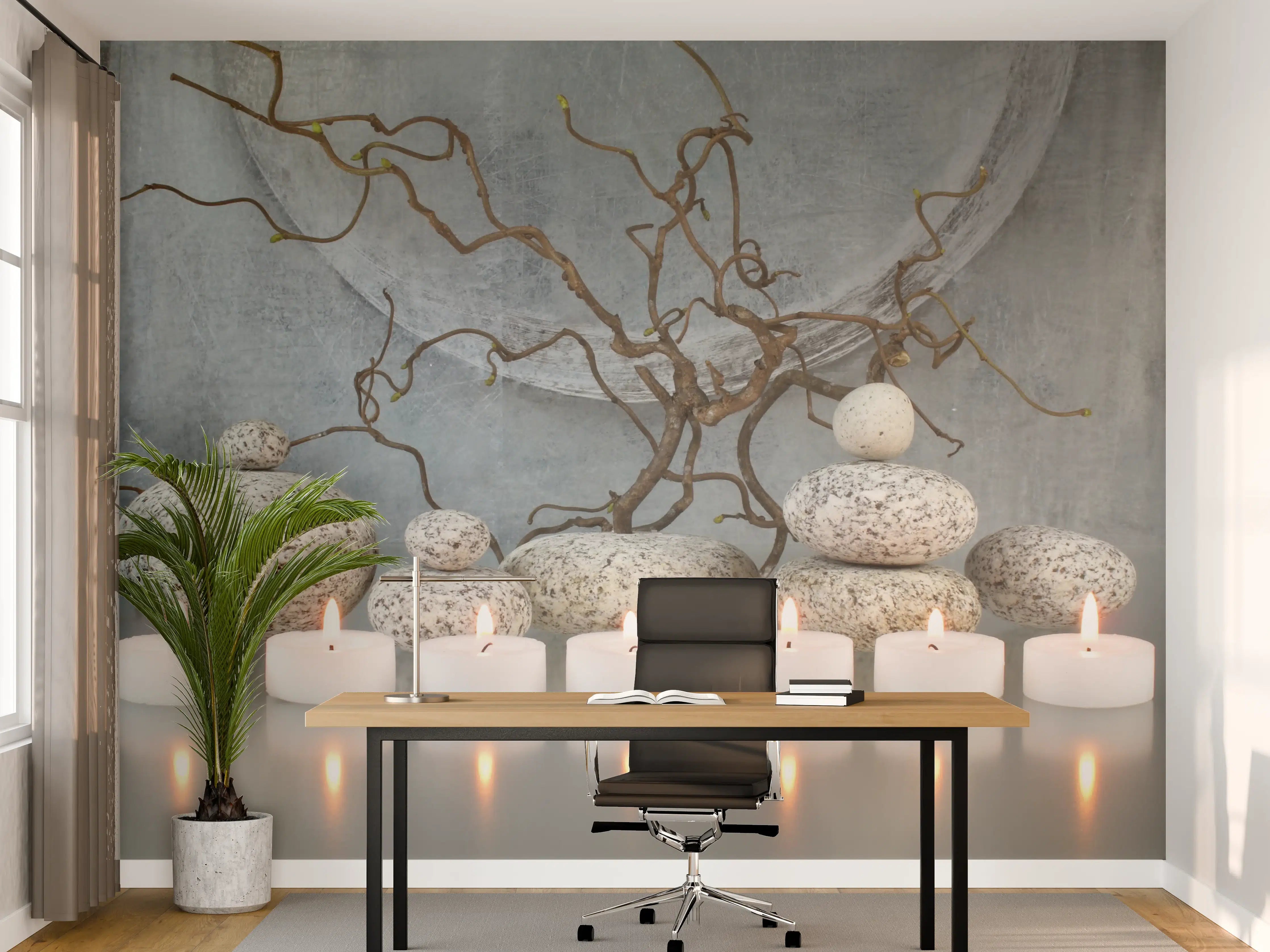 Büro Wandgestaltung - Warmes Kerzenlicht mit Steinen und Zweigen