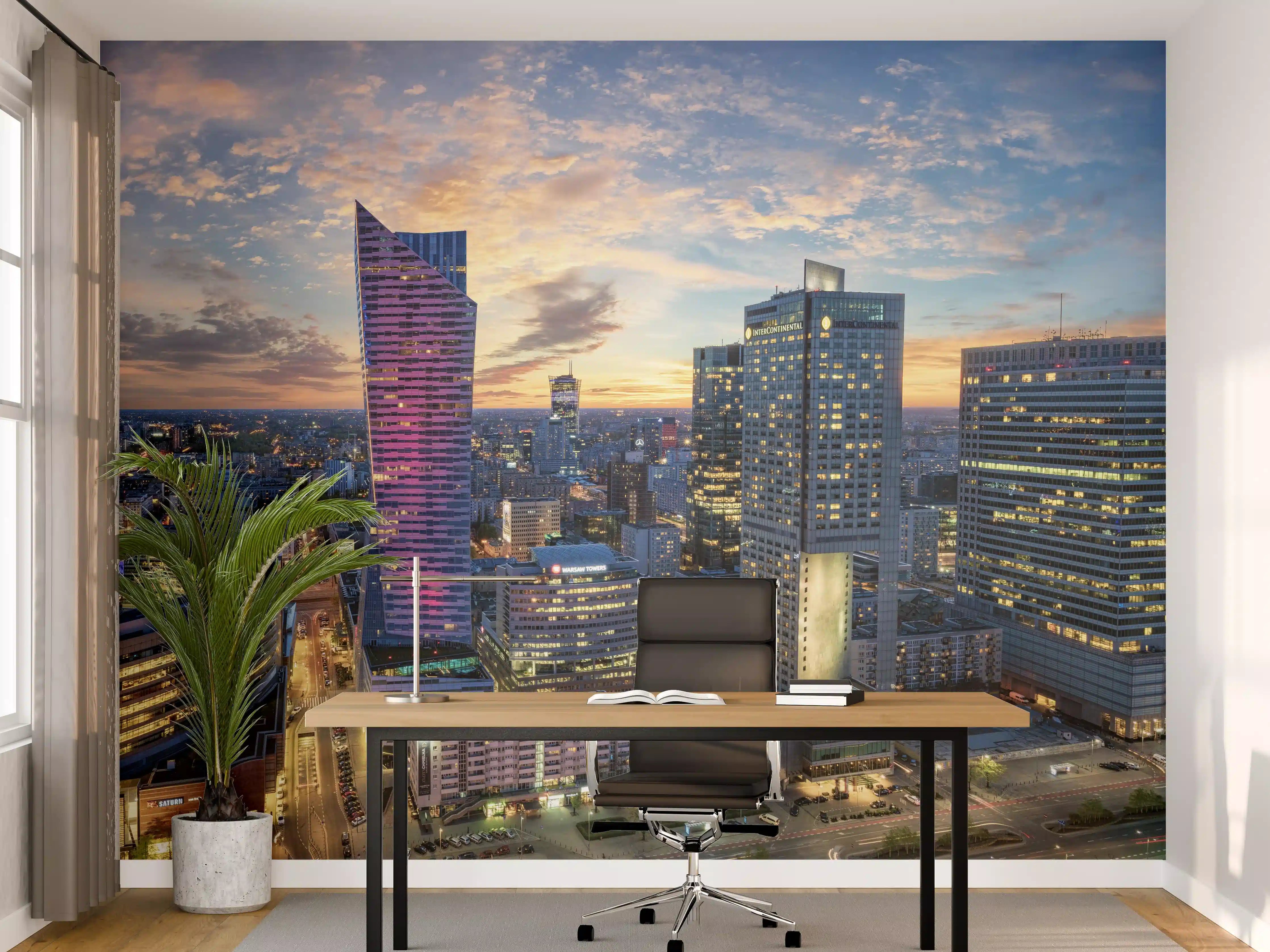 Büro Wandgestaltung - Warschau mit modernen Wolkenkratzer bei Sonnenuntergang