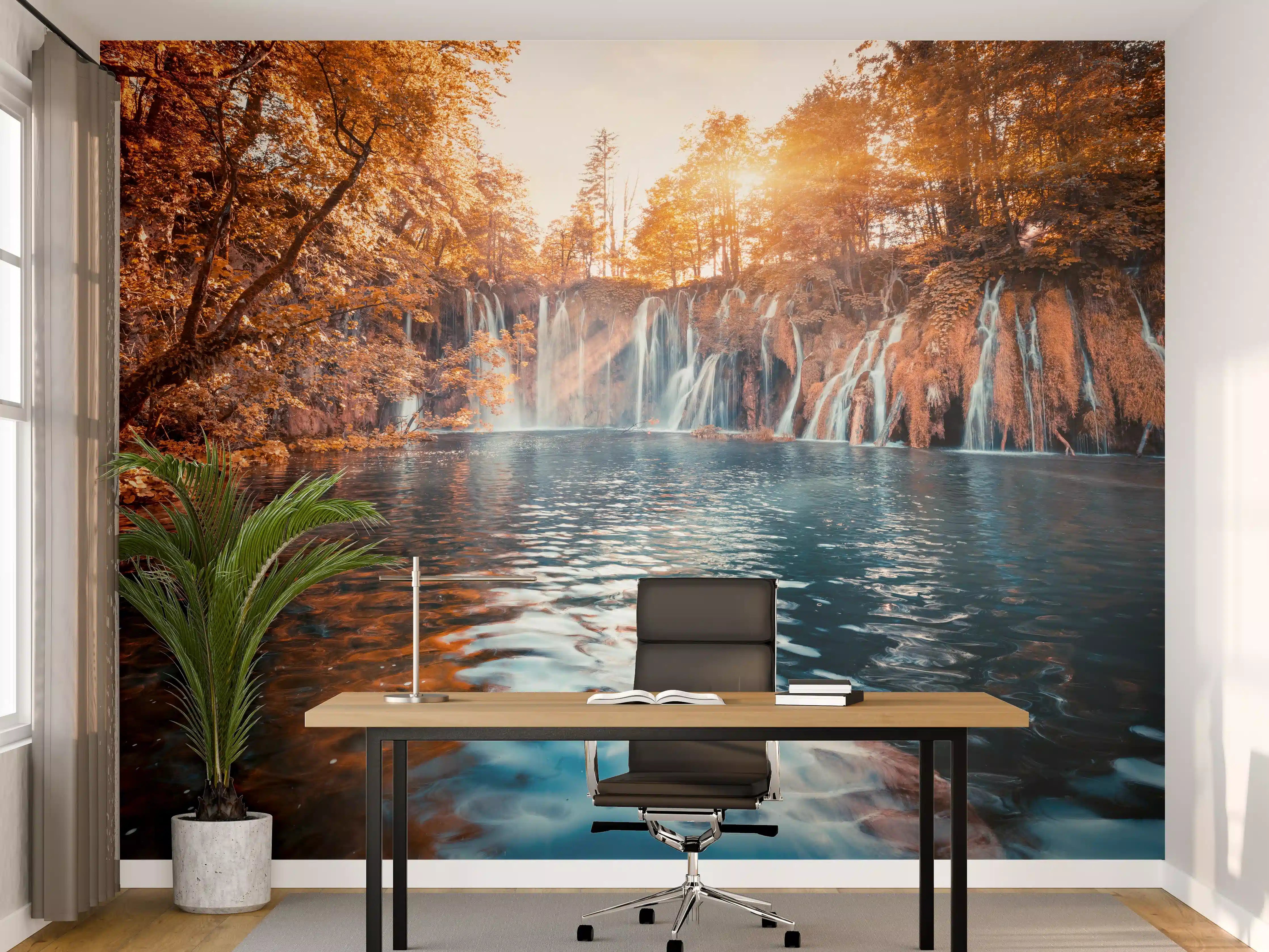 Büro Wandgestaltung - Wasserfall in Plitvice Nation bei Sonnenaufgang