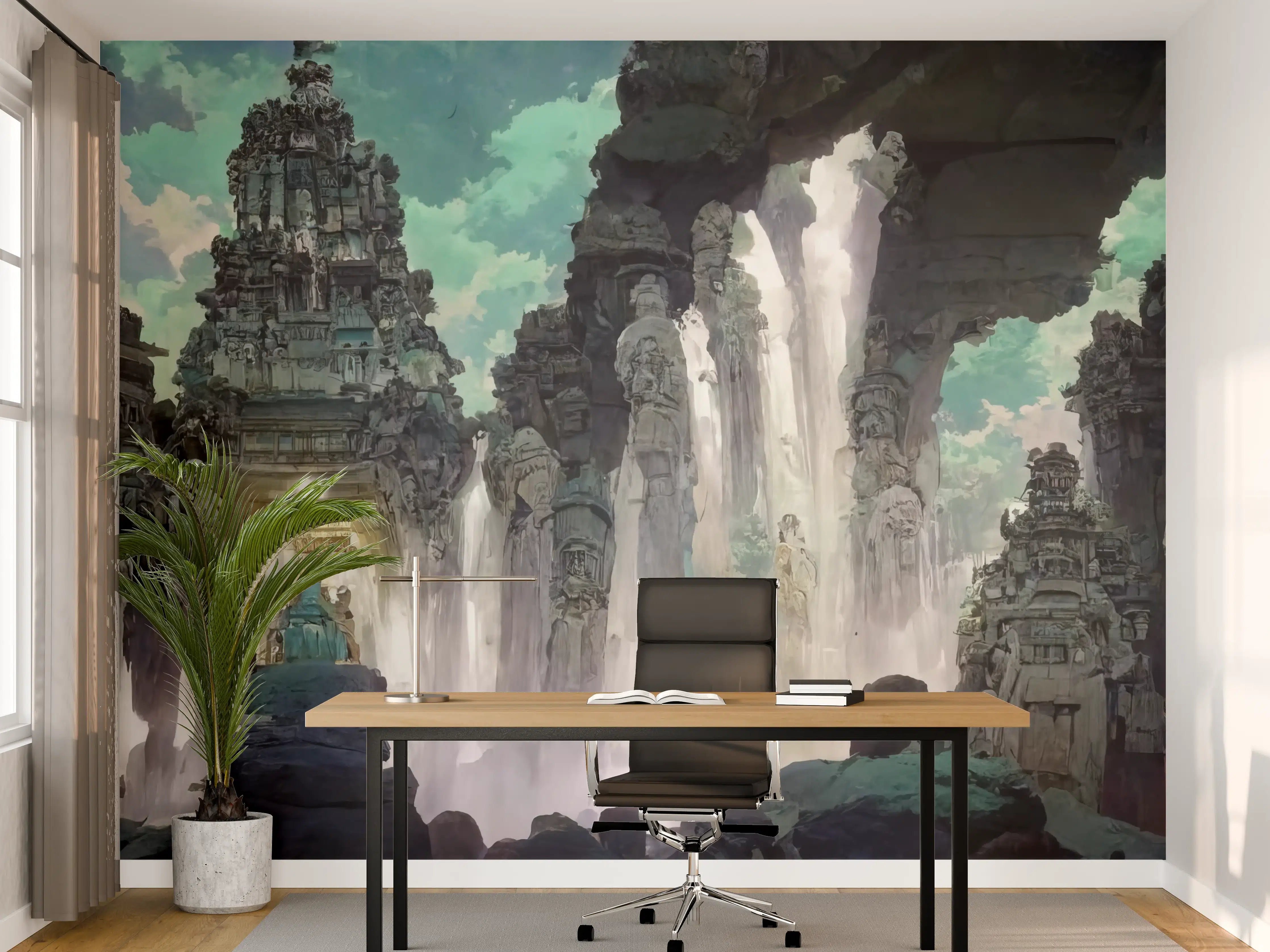 Büro Wandgestaltung - Wasserfall in einer Höhle - Zeichnung
