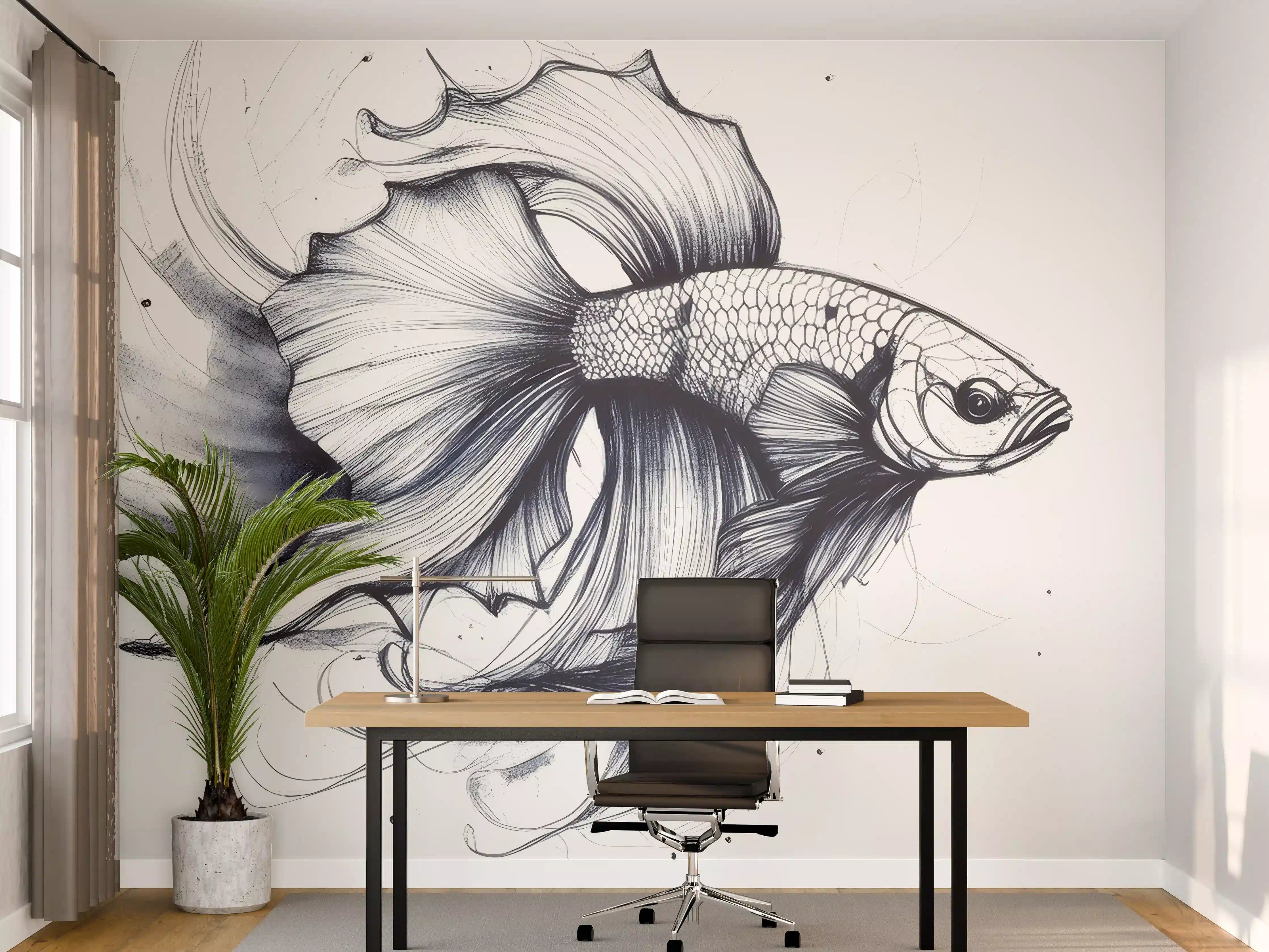 Büro Wandgestaltung - Weiß-Grau Betta-Fisch Illustration