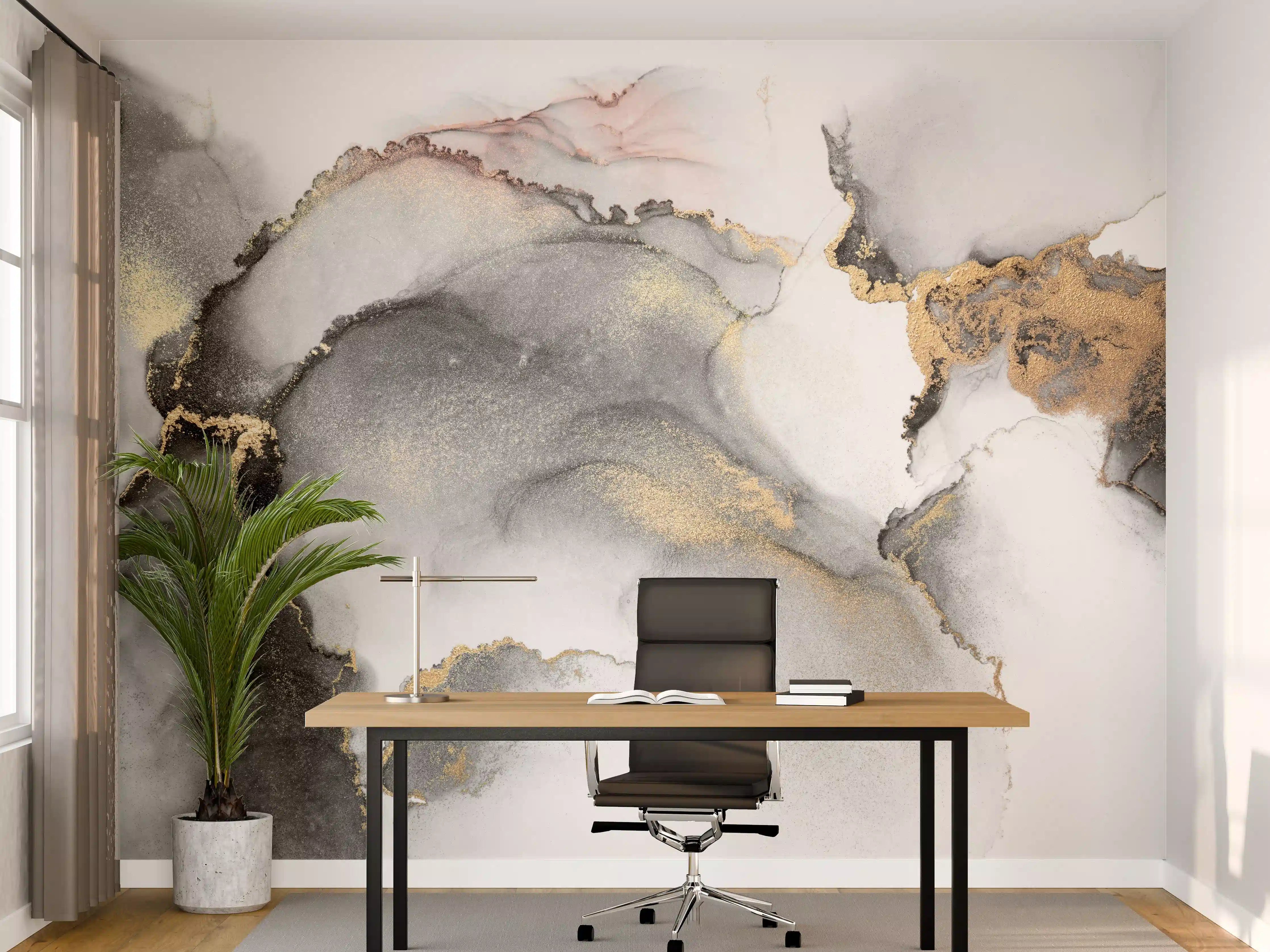 Büro Wandgestaltung - Weiß-Grau-Marmor-Textur mit Goldakzenten