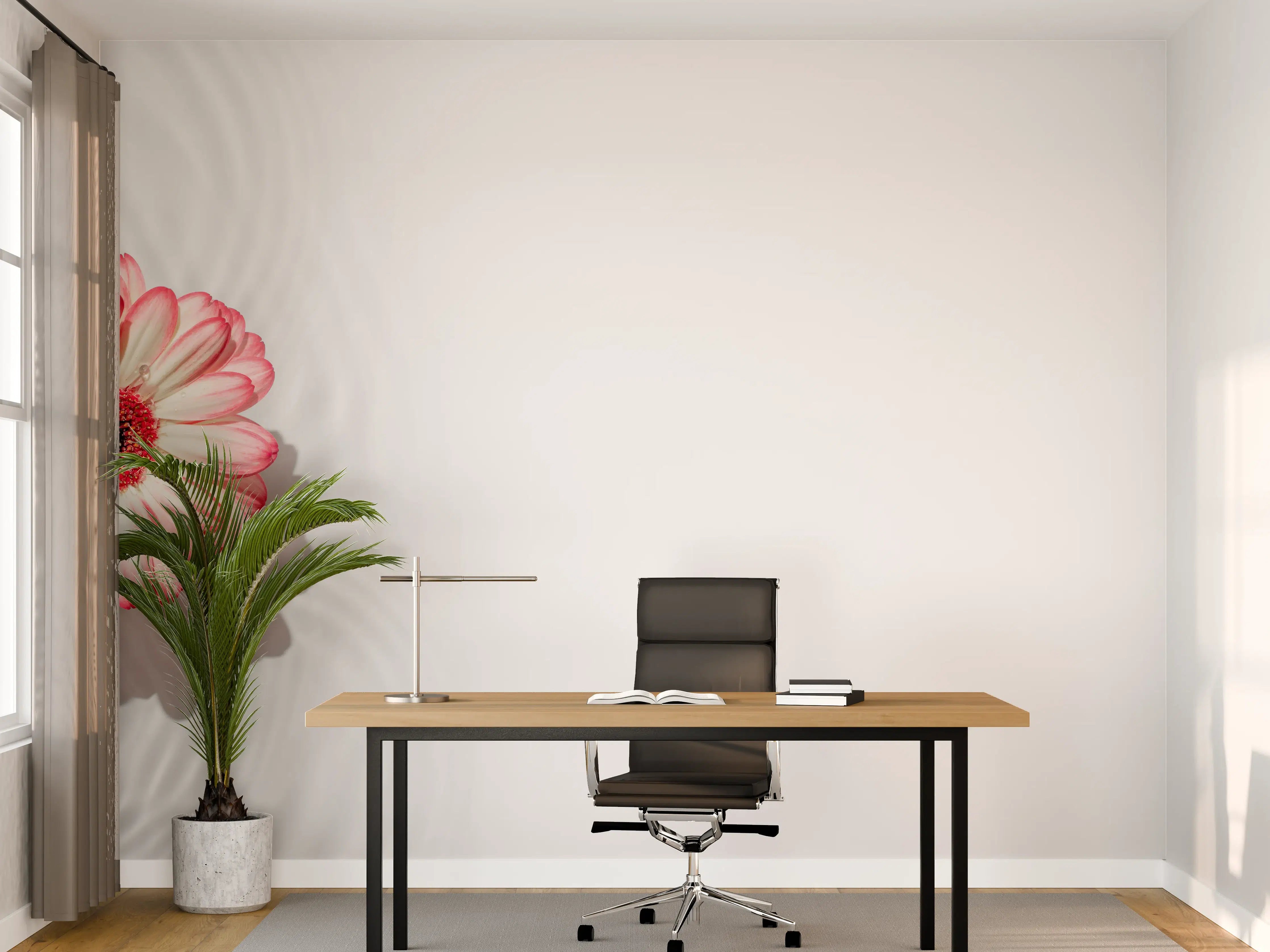 Büro Wandgestaltung - Weiß-Grau mit Rosa Gerbera