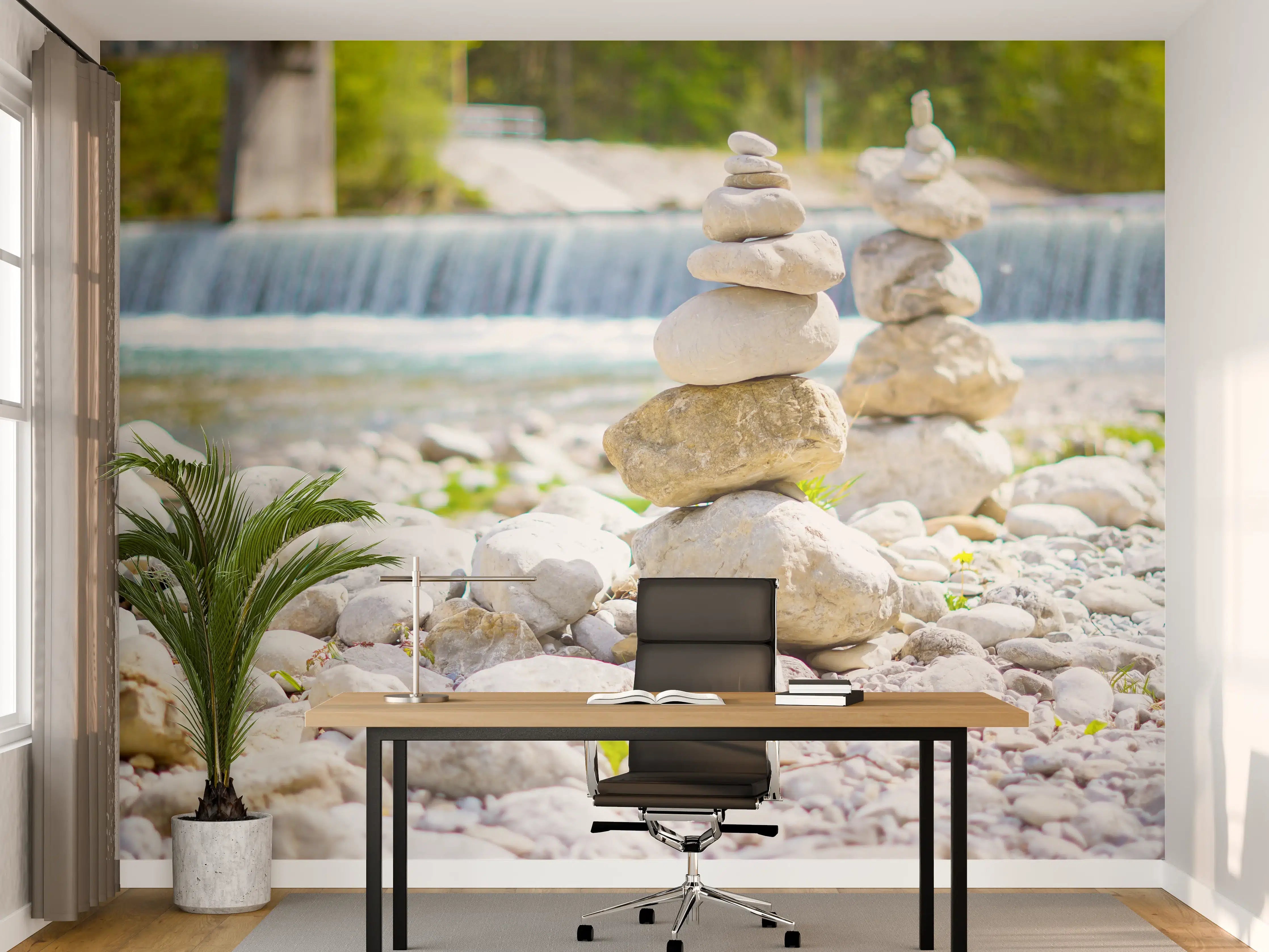 Büro Wandgestaltung - Weiß-Graue Flusssteinbalance