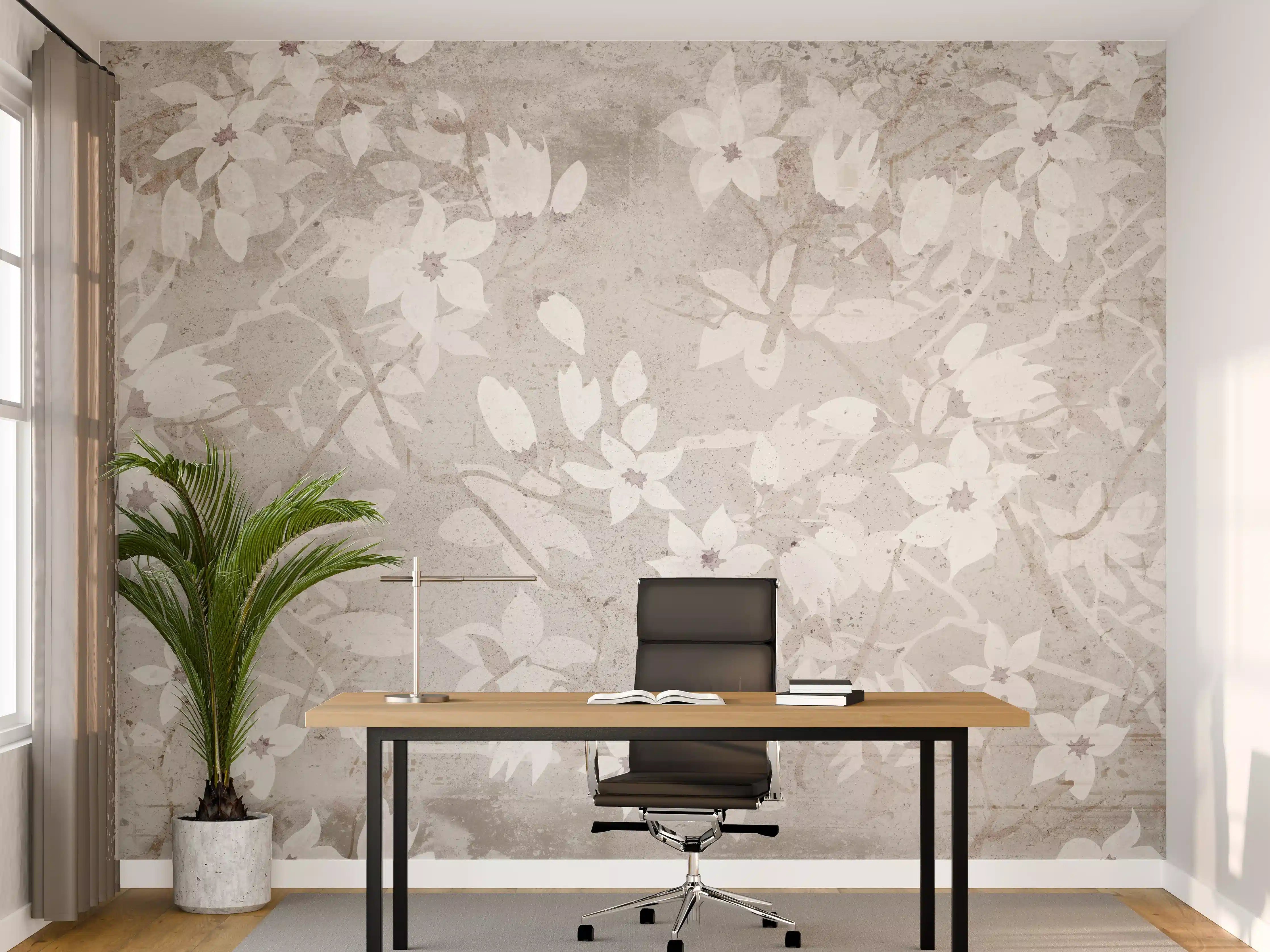 Büro Wandgestaltung - Weiße Blumen auf altem grauem Hintergrund