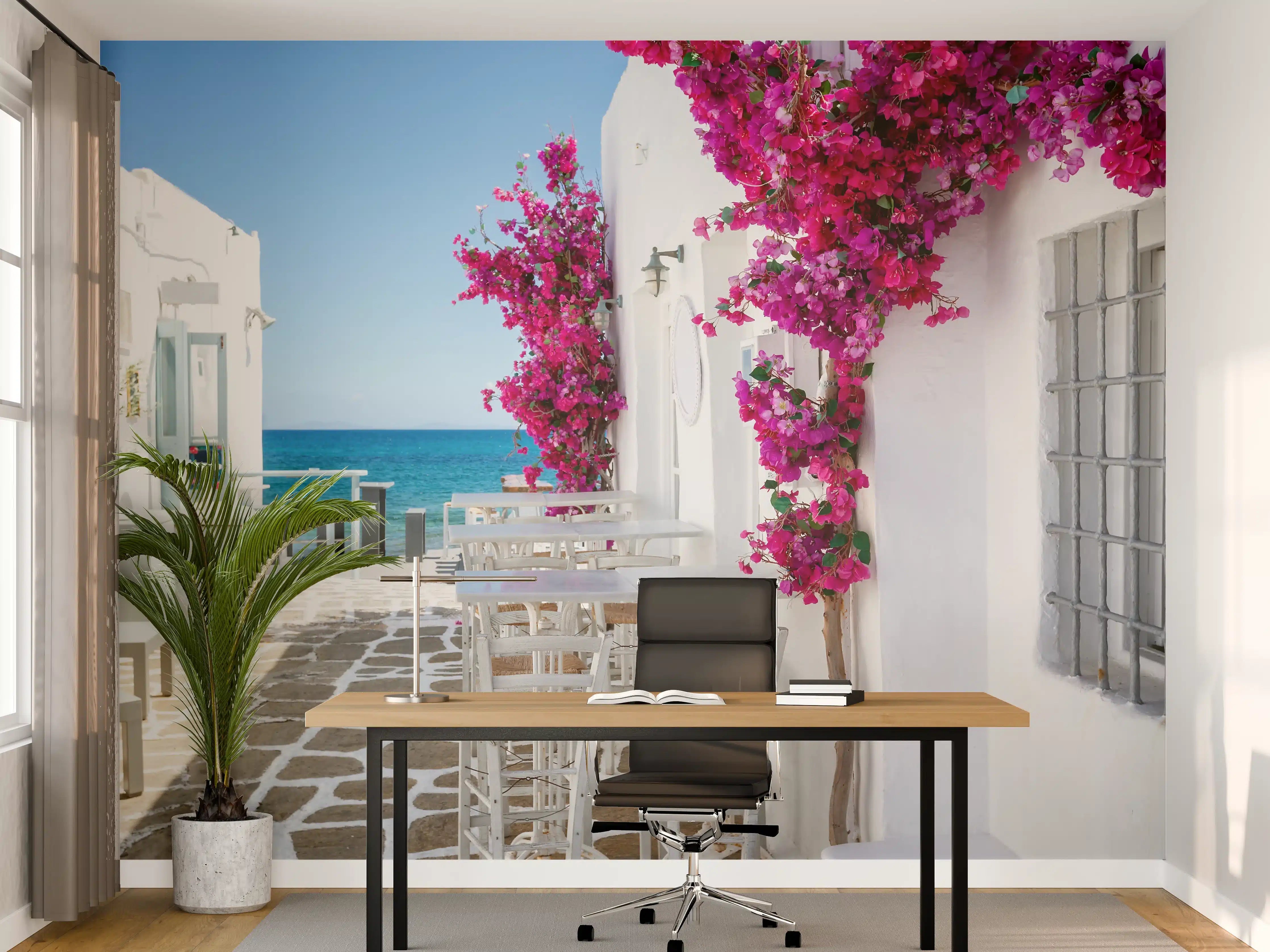 Büro Wandgestaltung - Weiße Gasse mit Oleander Blumen in Mykonos