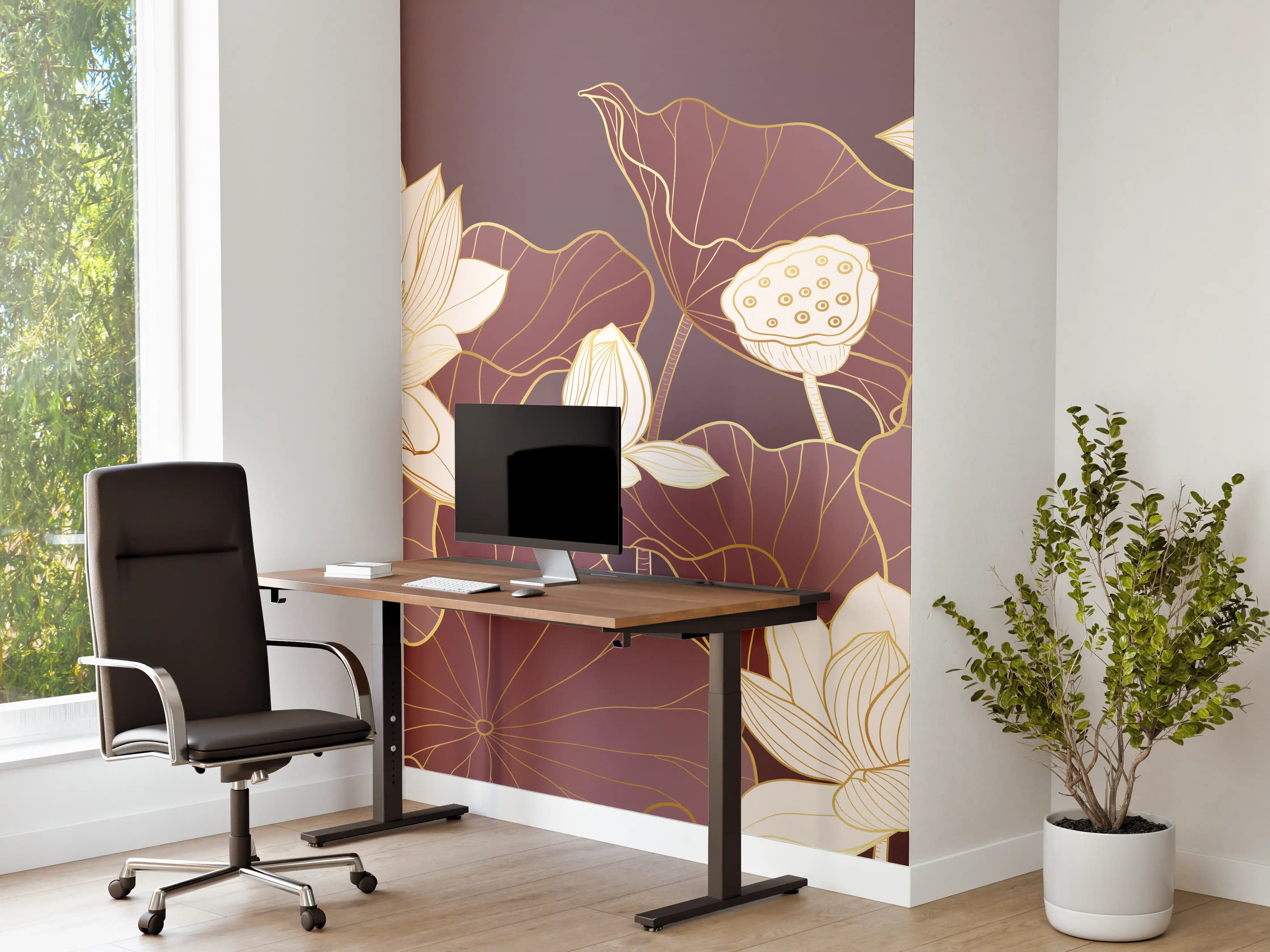Büro Wandgestaltung - Weiße Lotusblumen auf dunkelbraunem Hintergrund