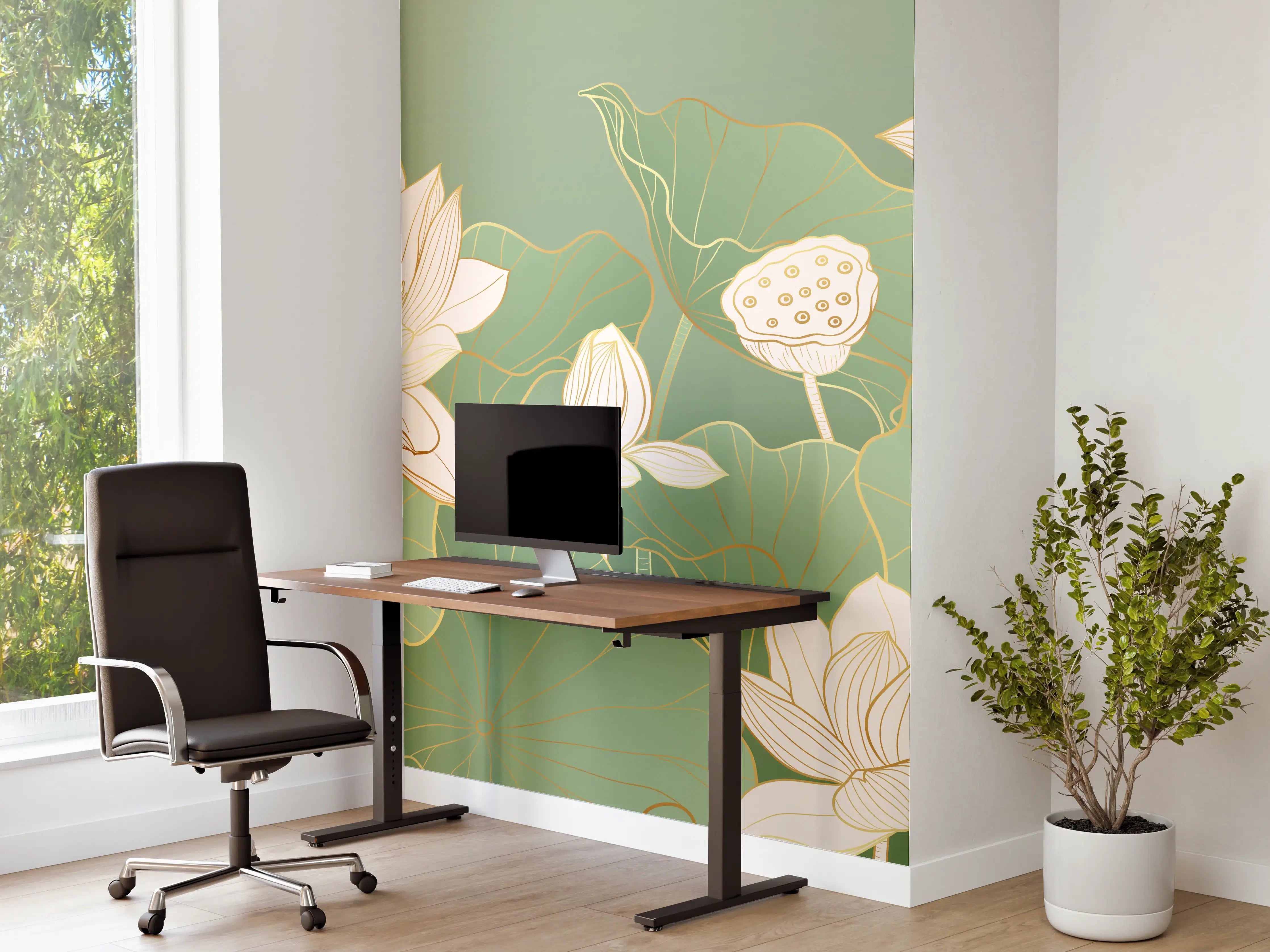 Büro Wandgestaltung - Weiße Lotusblumen auf grünem Wasser mit Goldakzenten