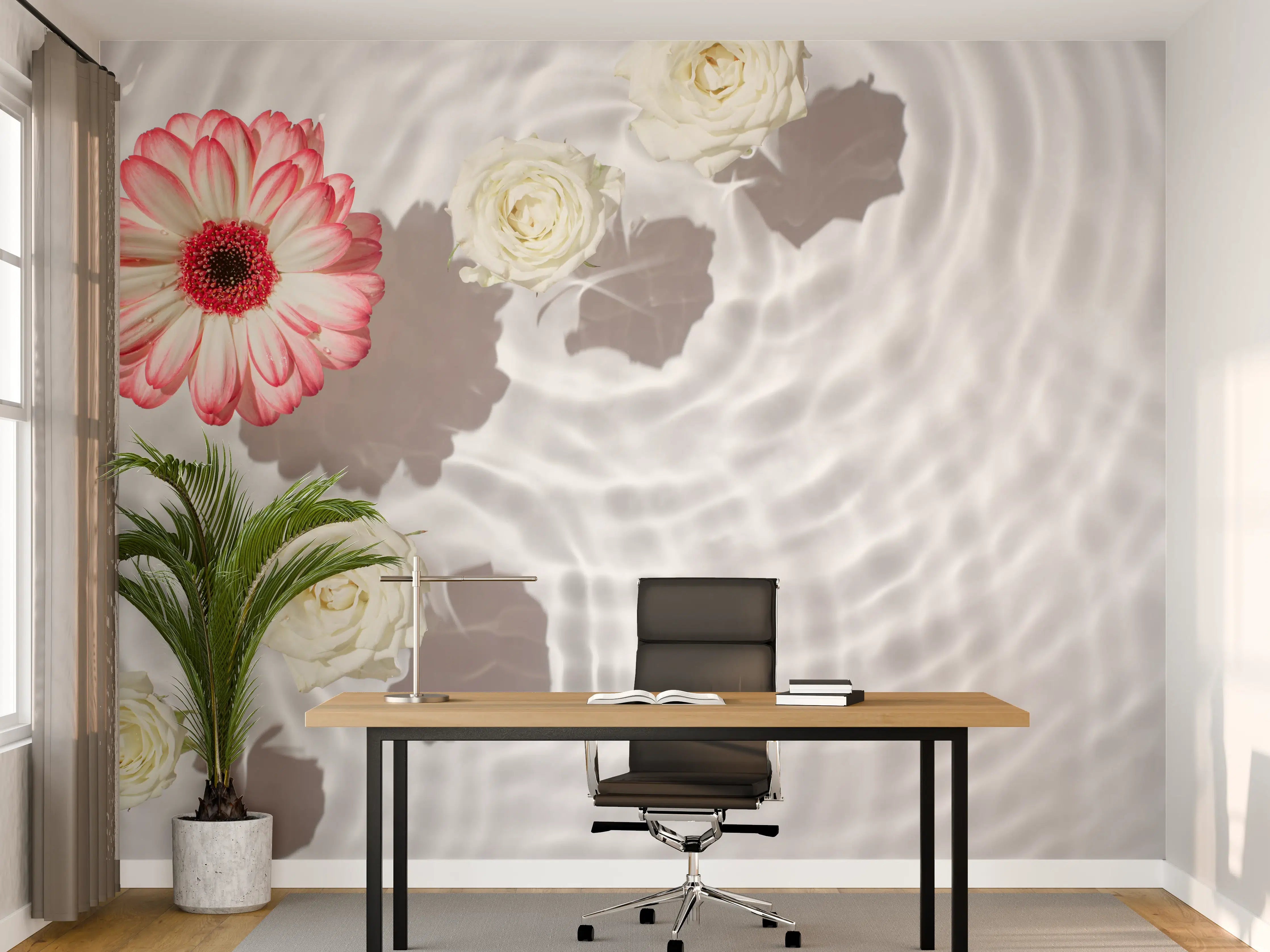 Büro Wandgestaltung - Weiße Wasserblumen mit Rosa-Akzent
