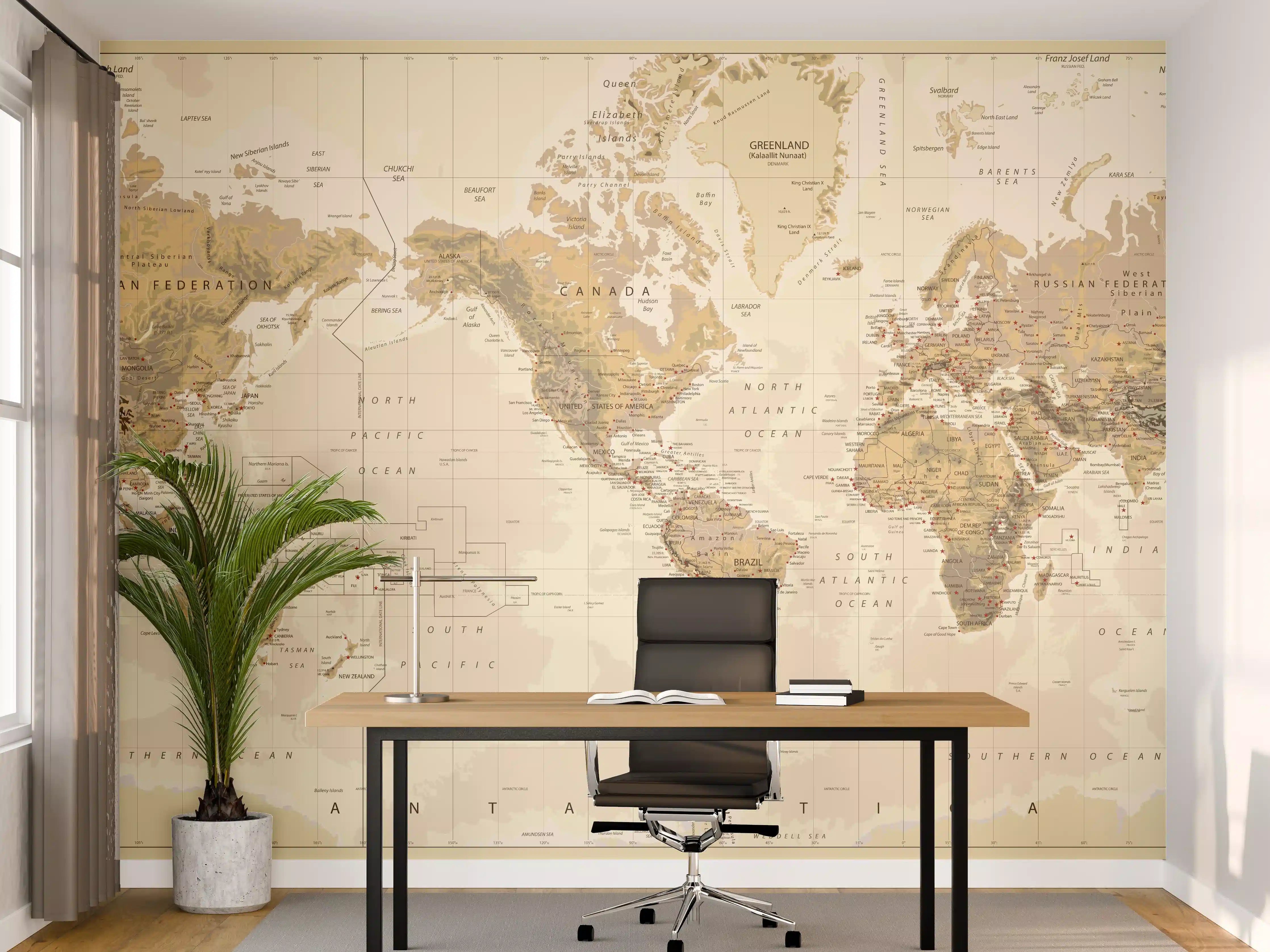 Büro Wandgestaltung - Weltkarte in warmen Erdtönen