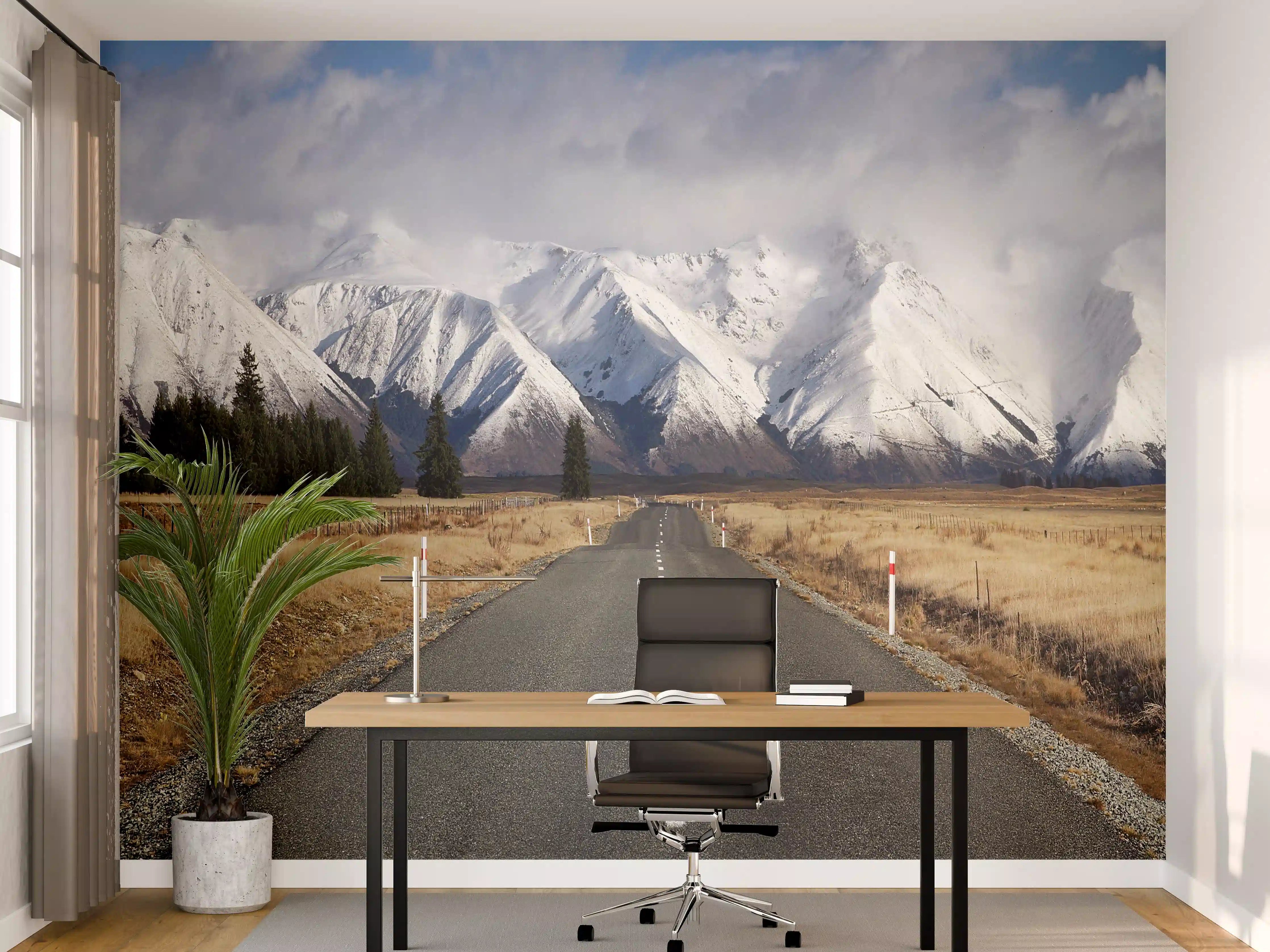 Büro Wandgestaltung - Winterliche Bergstraße in Grau-Weiß