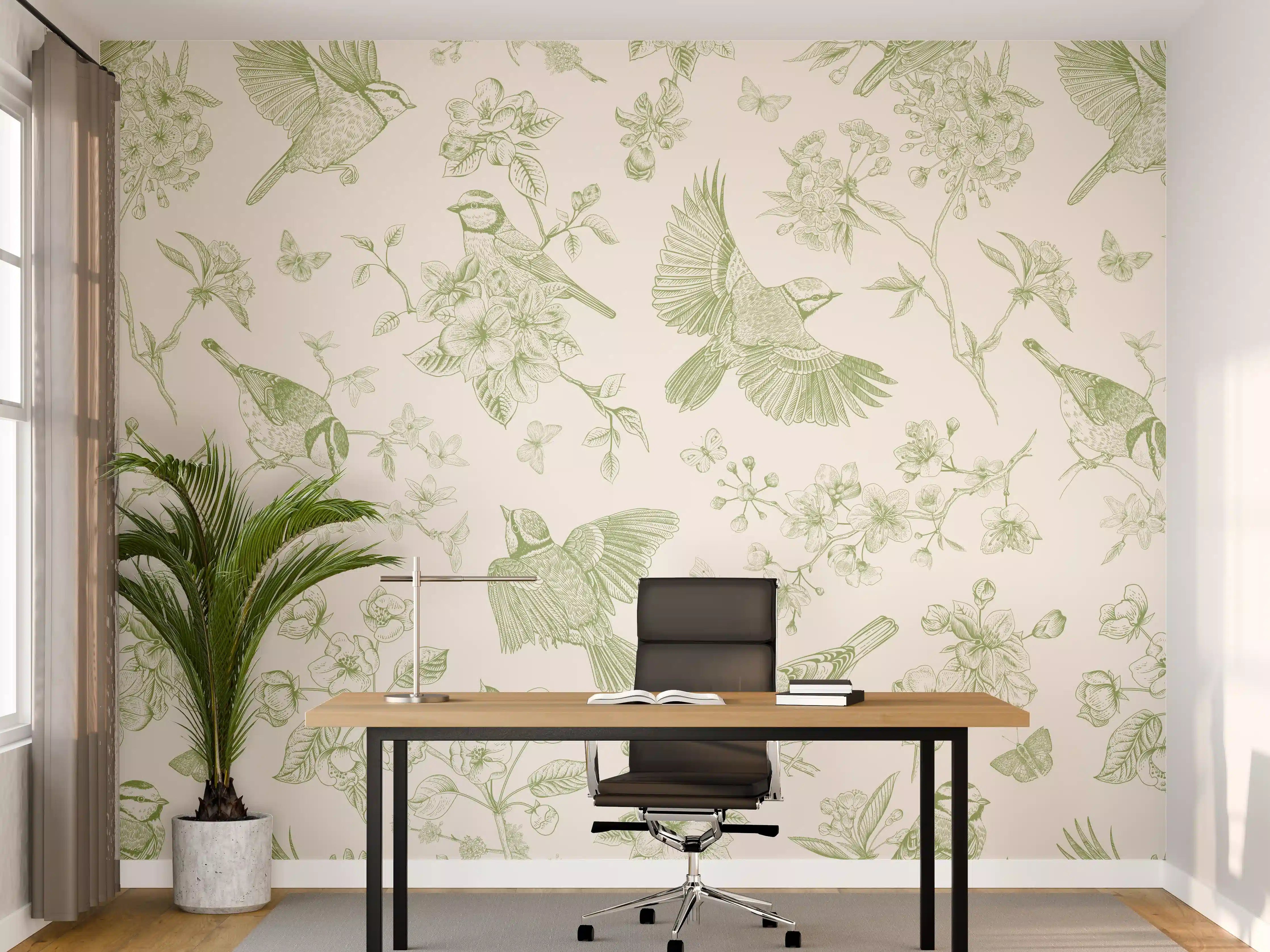 Büro Wandgestaltung - Zarte Blatt- und Vogelmuster in Pastellgrün