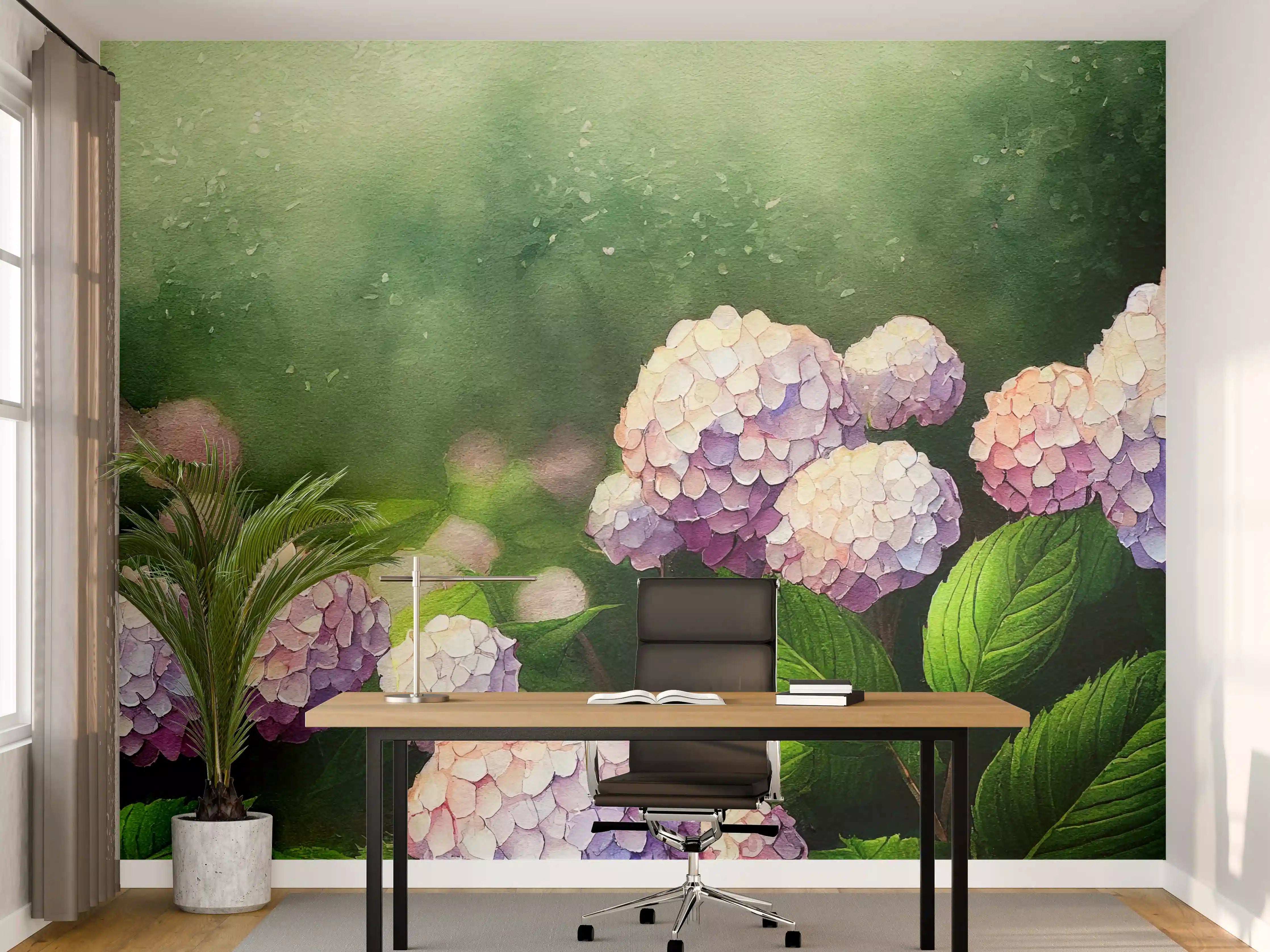 Büro Wandgestaltung - Zarte Hortensien in pastellfarbenem Aquarell effect