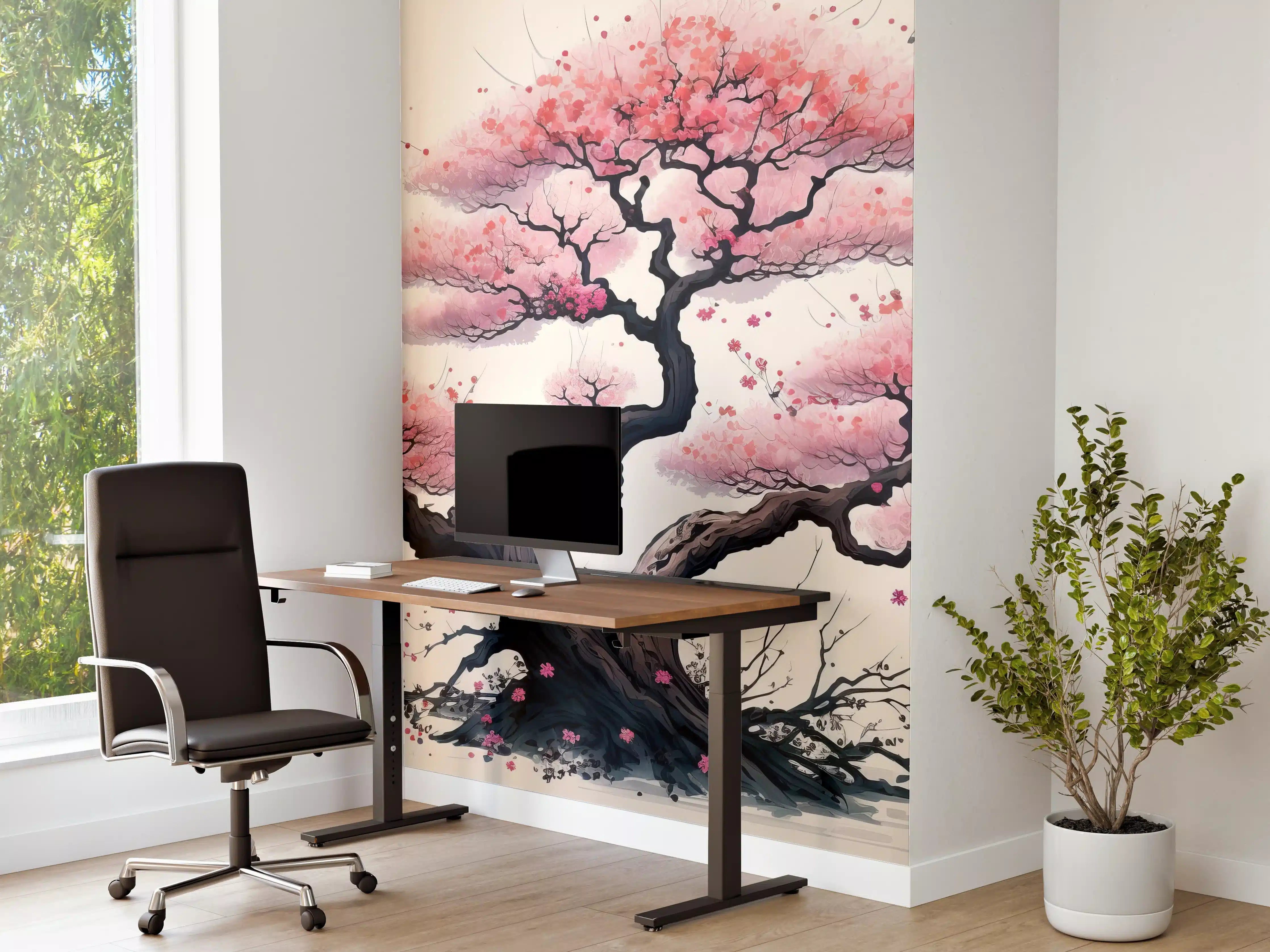 Büro Wandgestaltung - Zarte Kirschblüten in Grauweiß: Aquarellmalerei