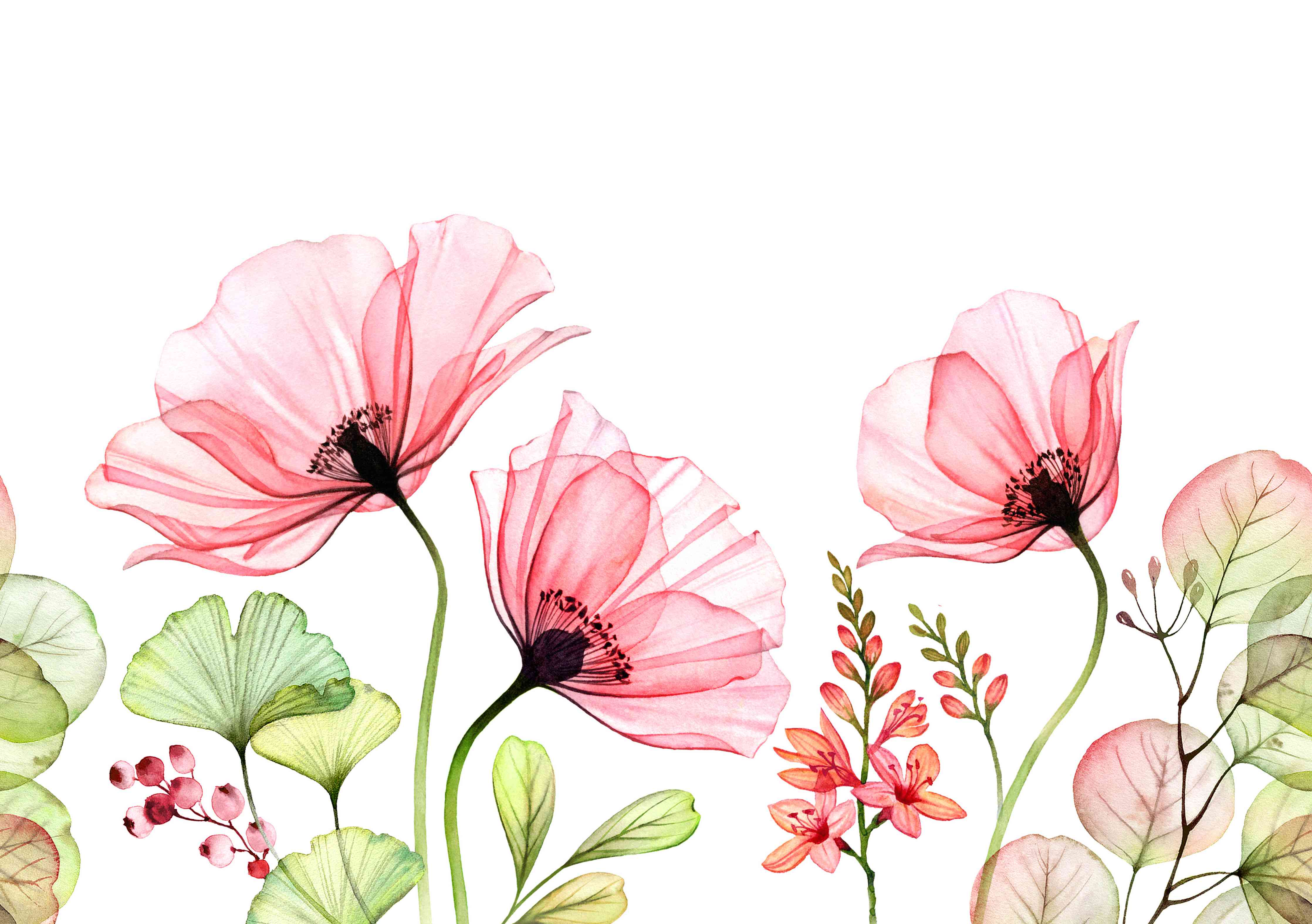 Büro Wandgestaltung-Zarte Wasserfarben-Blumen in Pastellrosa