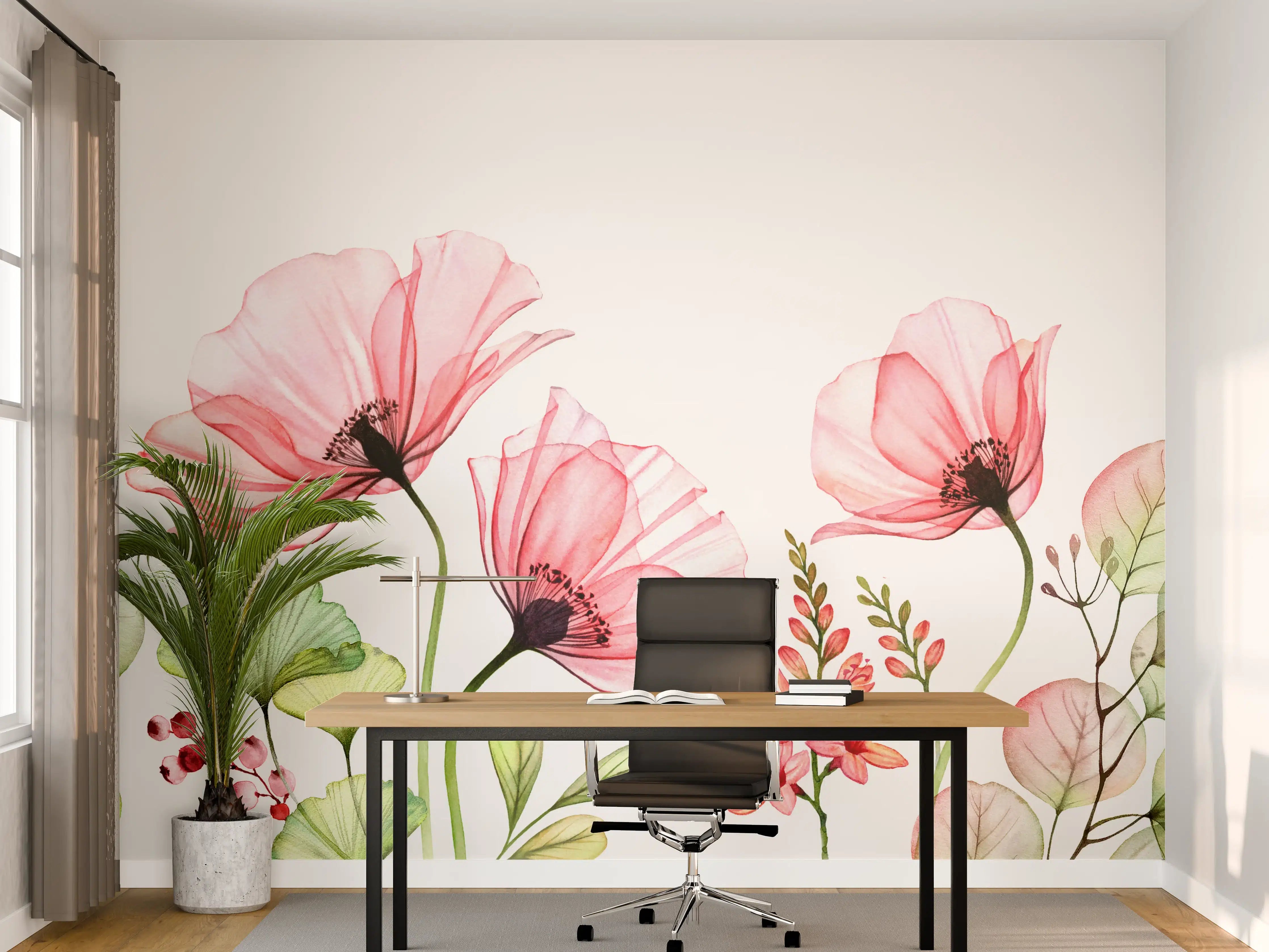 Büro Wandgestaltung - Zarte Wasserfarben-Blumen in Pastellrosa
