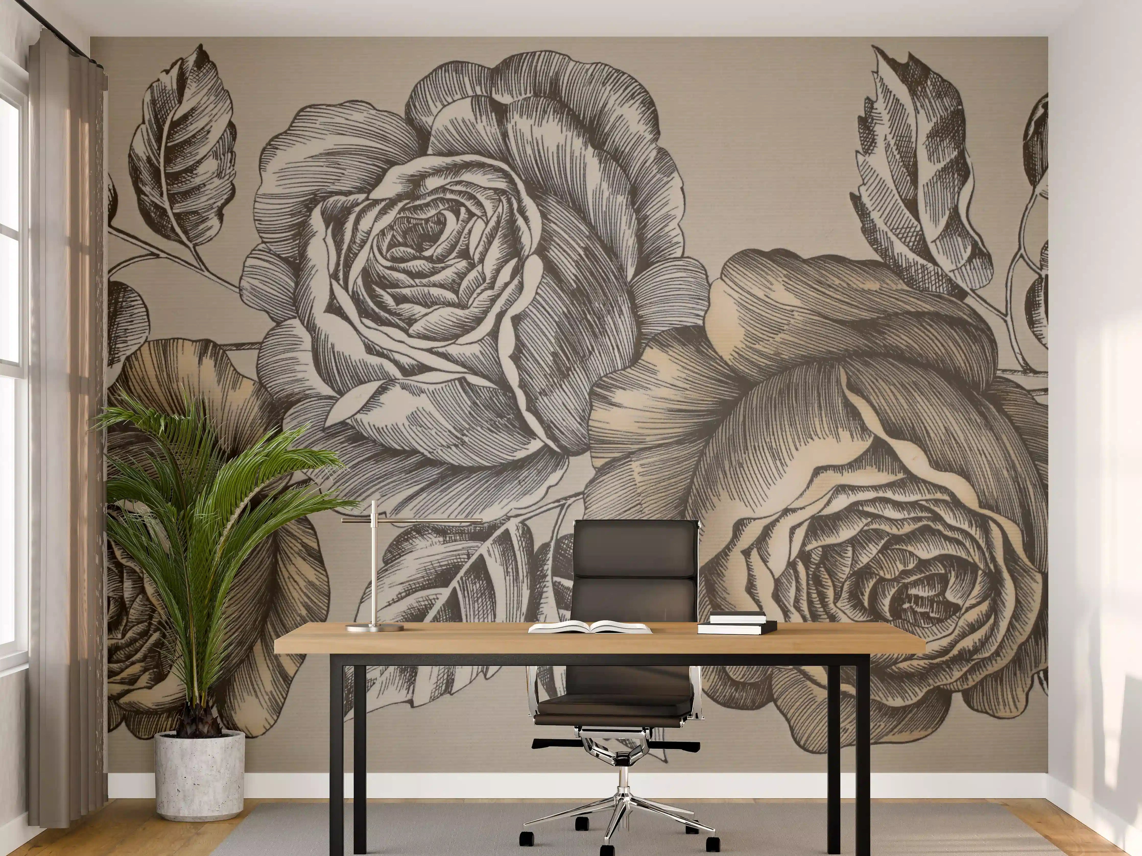 Büro Wandgestaltung - Zeichnung Monochrome Rosen