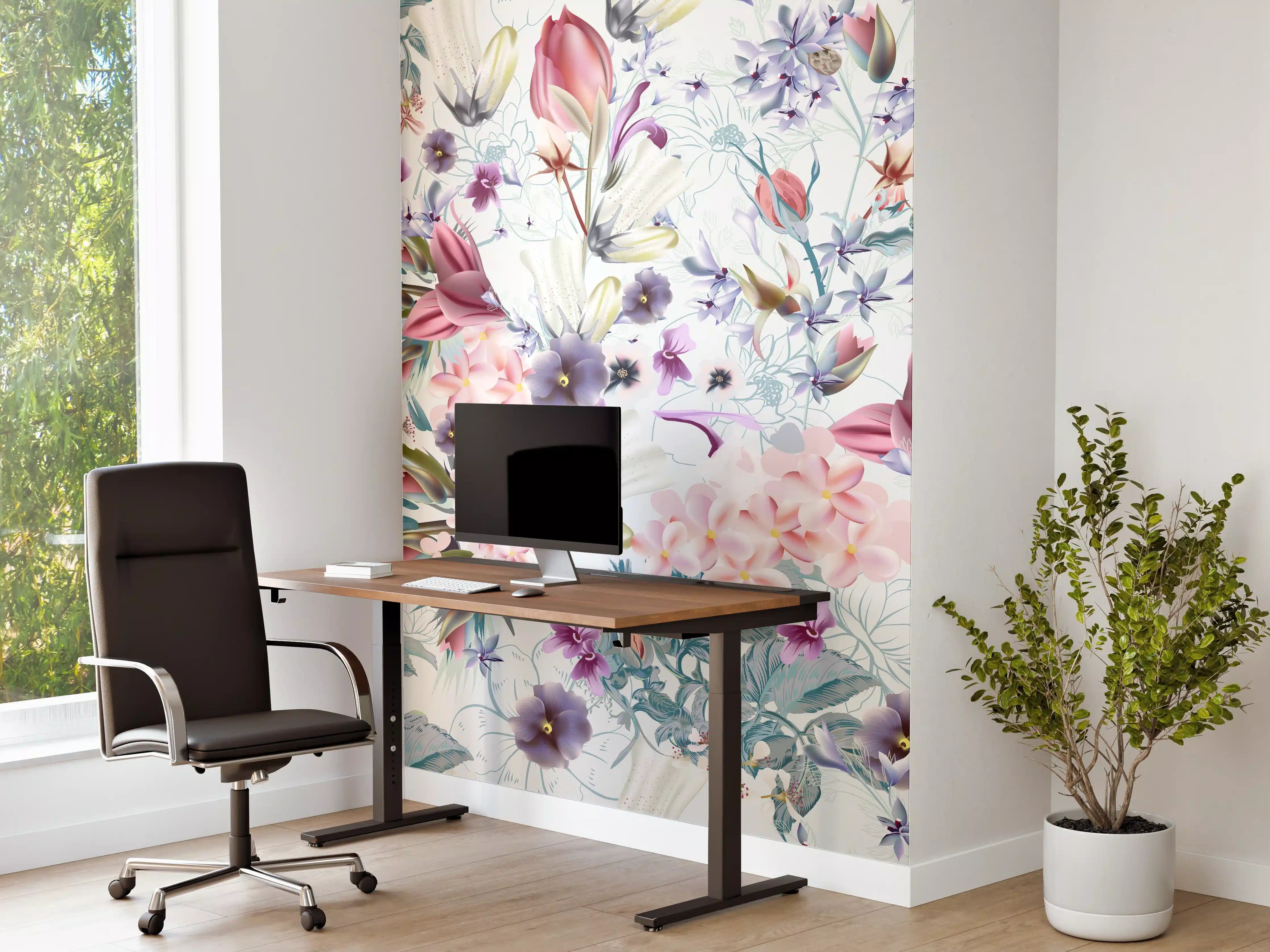 Büro Wandgestaltung - 'Helle Blumenmuster in Pastellfarben mit zarten Graunuancen'