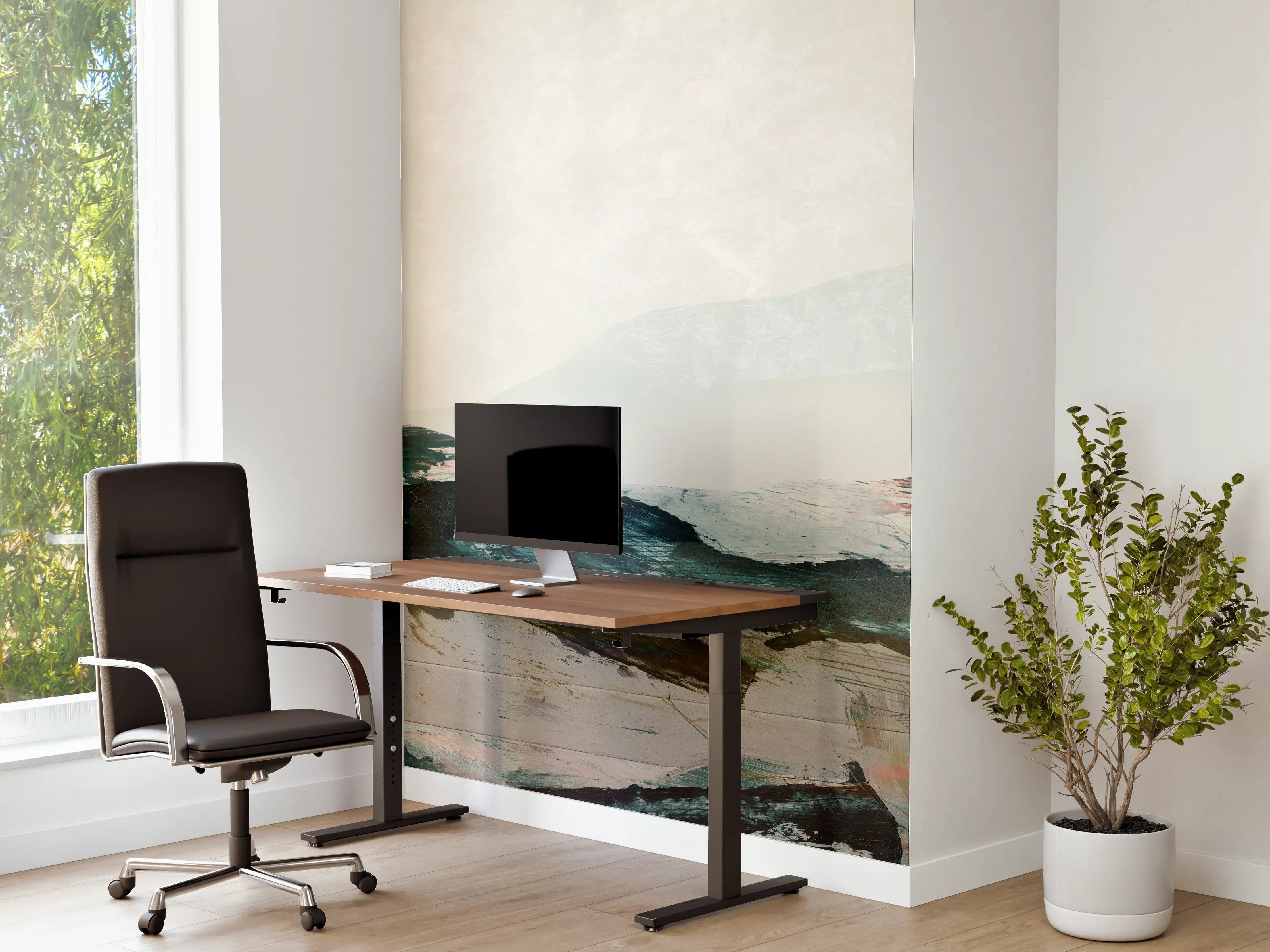 Büro Wandgestaltung - "Moderner Schreibtisch aus Eiche mit schwarzem Metallgestell"