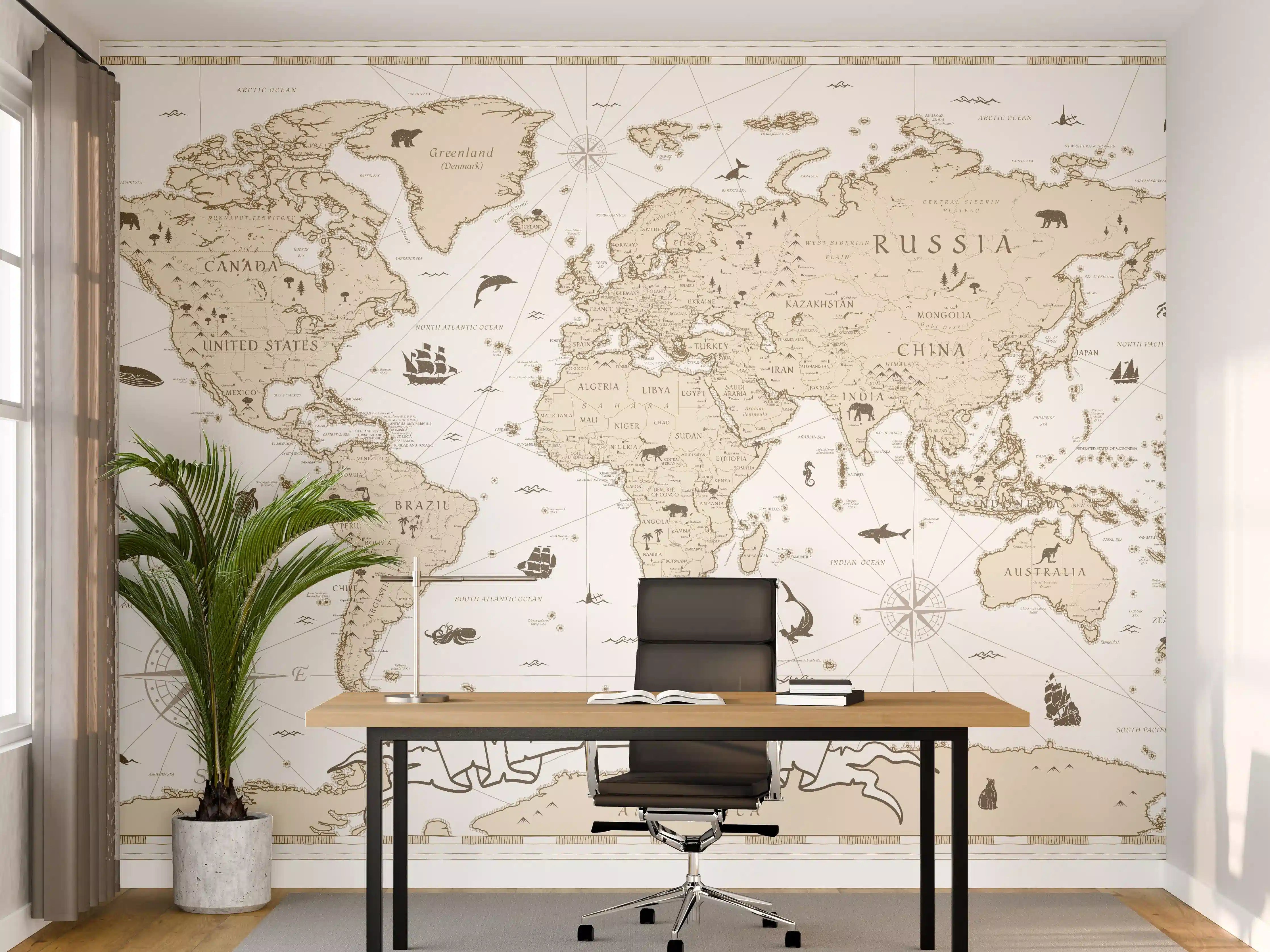 Büro Wandgestaltung - "Sepia-Ton Weltkarte Poster mit sanften Grau- und Brauntönen"