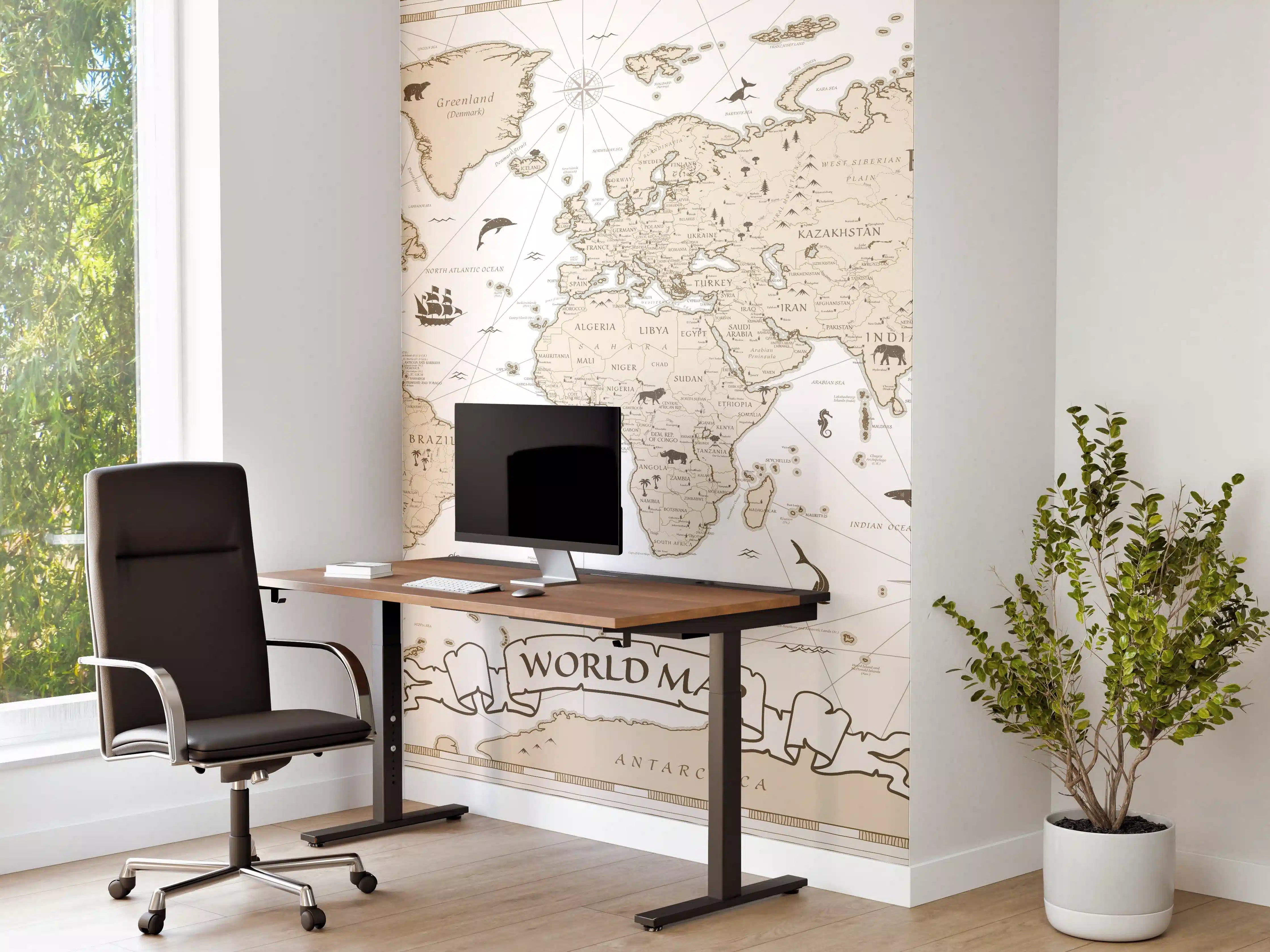 Büro Wandgestaltung - "Sepia-Ton Weltkarte Poster mit sanften Grau- und Brauntönen"