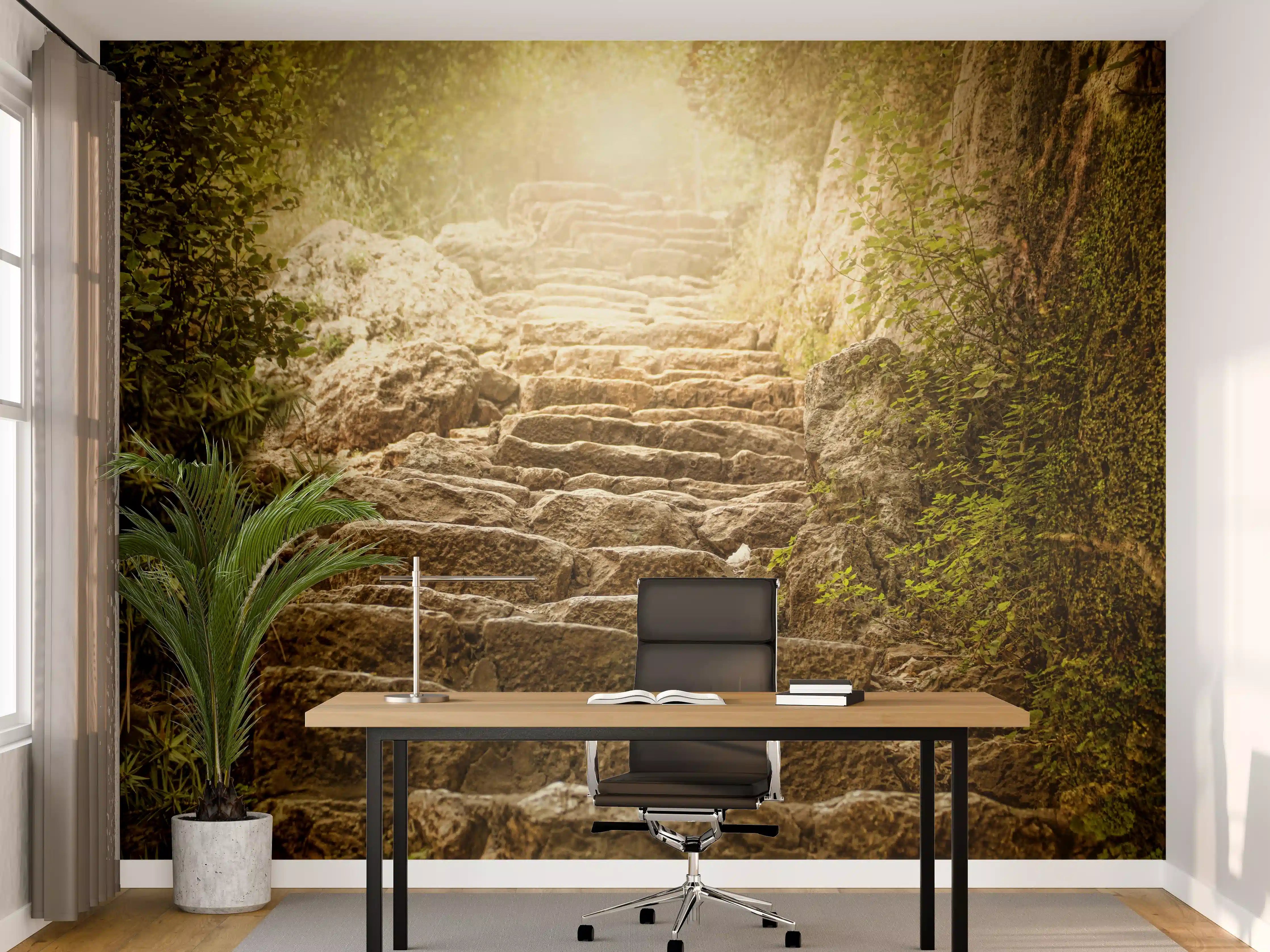 Büro Wandgestaltung - bewachsene Steintreppen in der Natur 