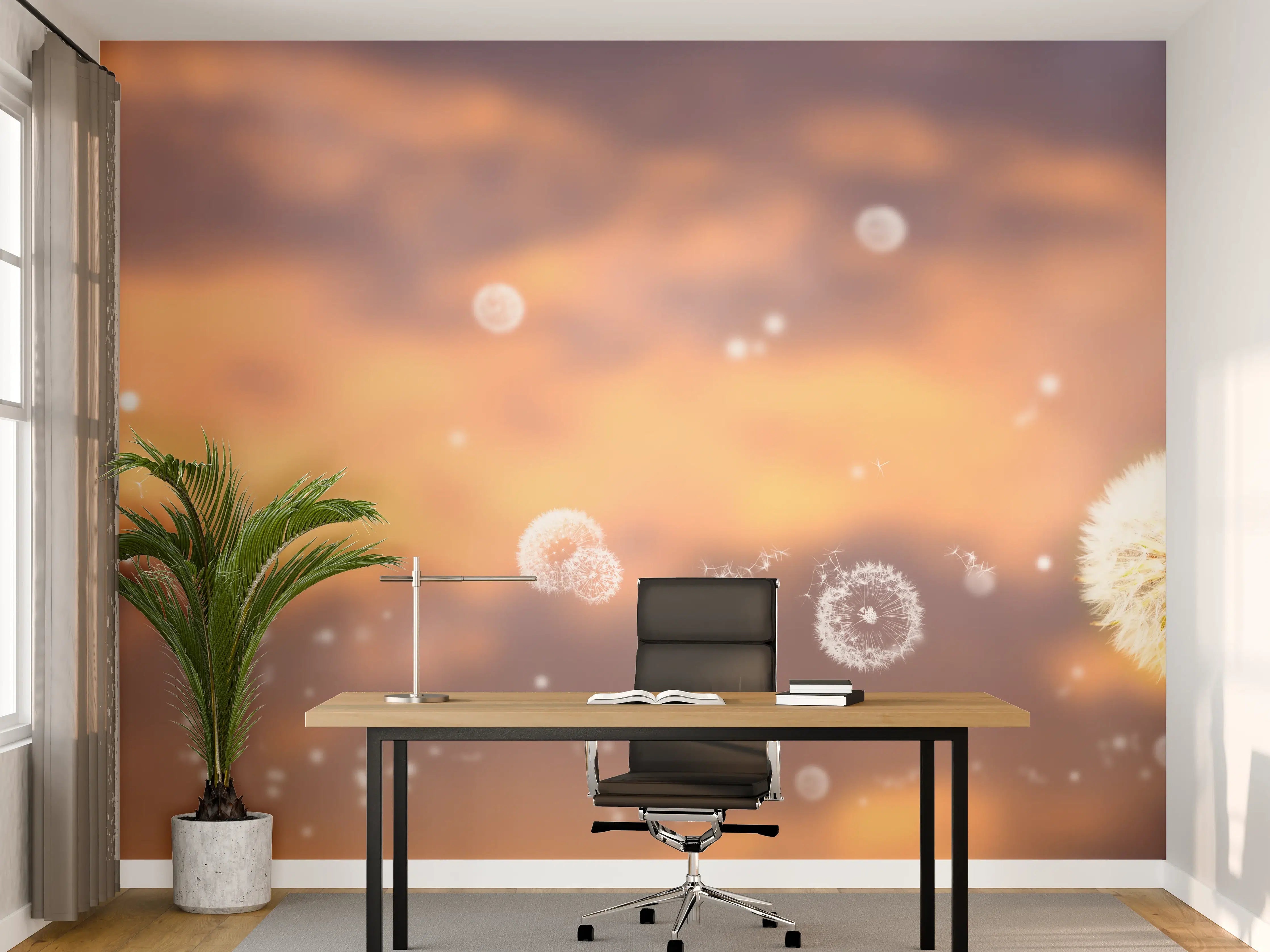 Büro Wandgestaltung - blütenstaub von pusteblumen in der abendsonne