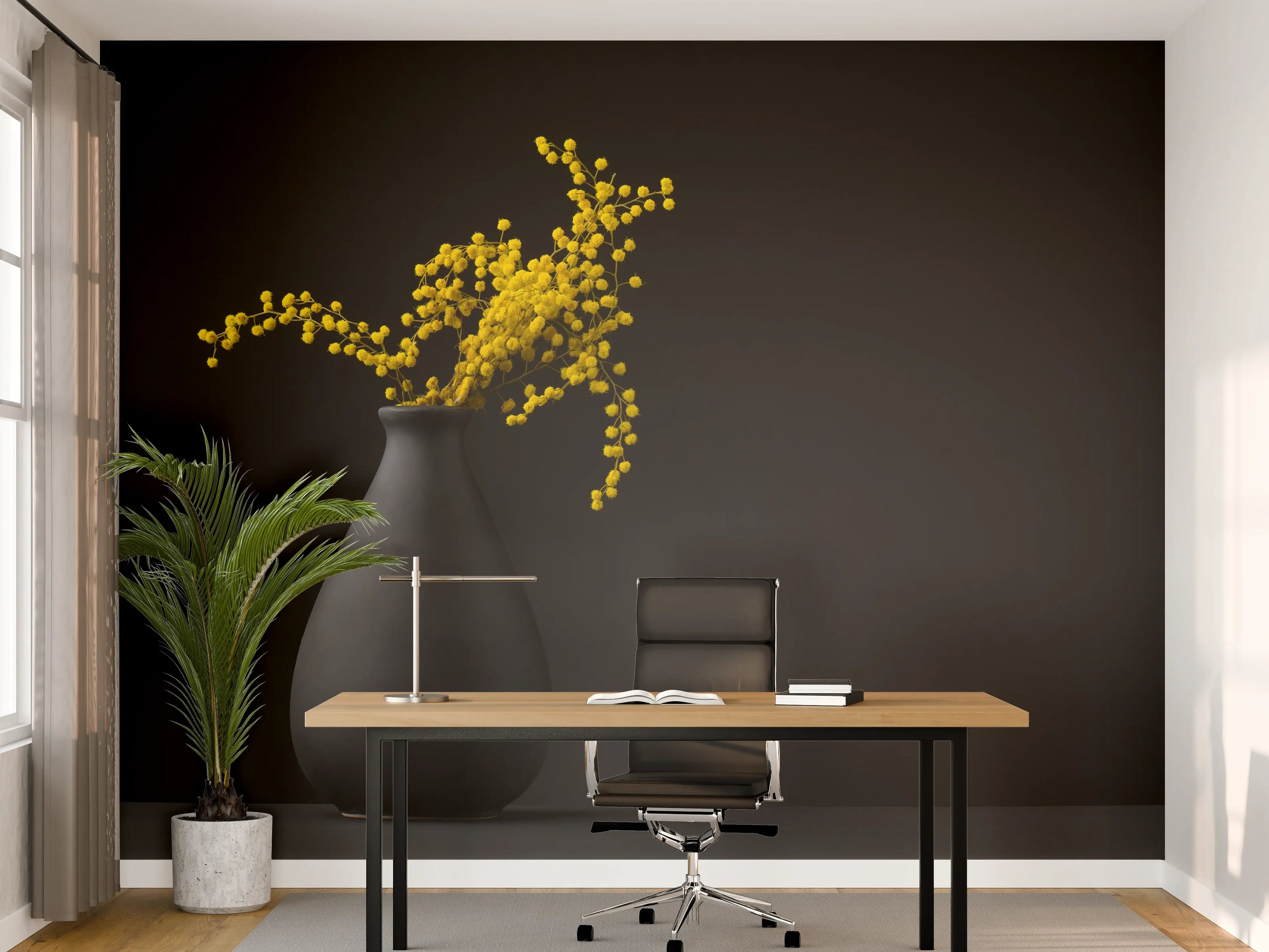 Büro Wandgestaltung - gelbe Blume auf der gräulichen Vase