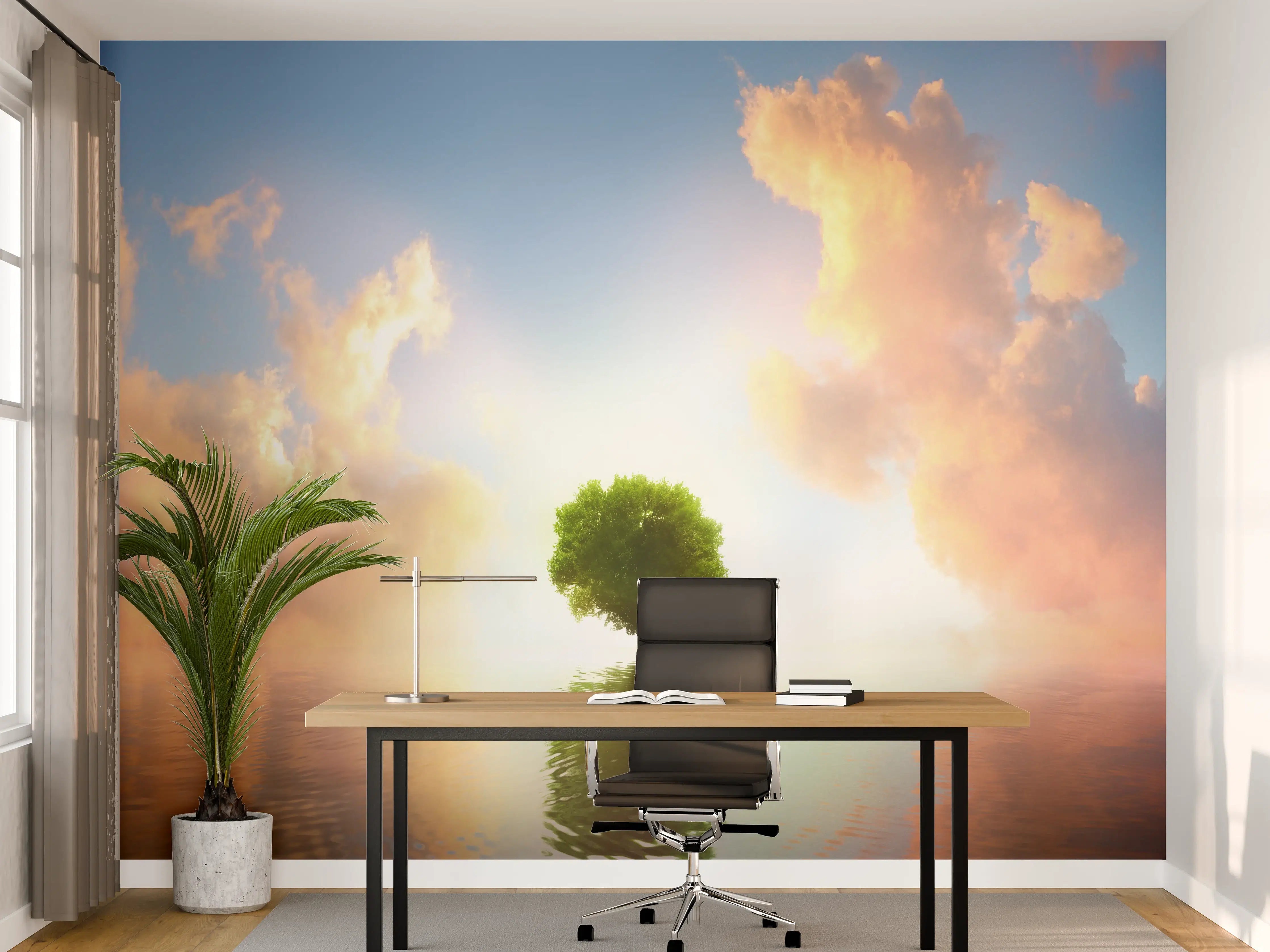Büro Wandgestaltung - kraftvoller Baum mitten im See
