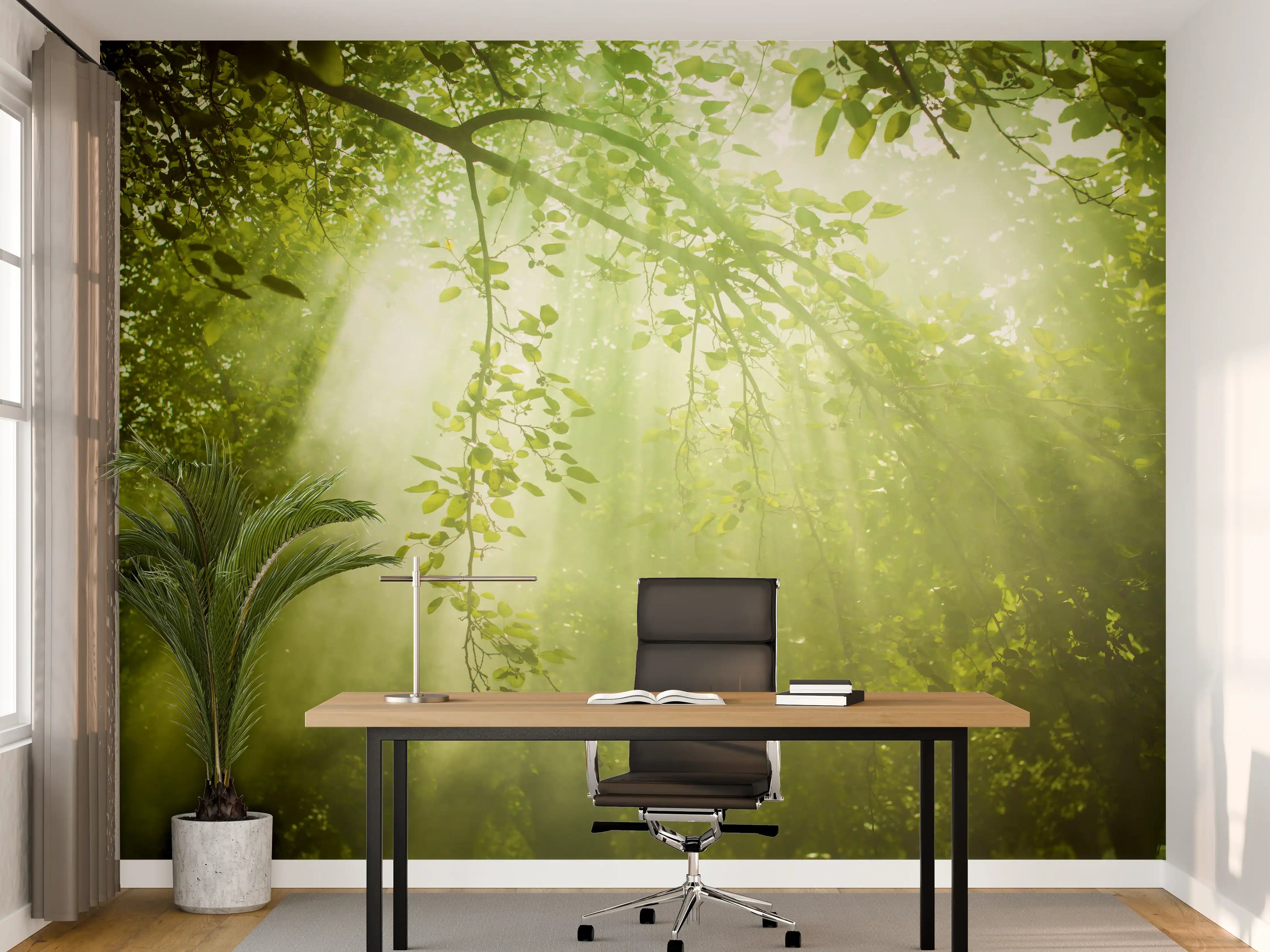 Büro Wandgestaltung - mystischer Grüner Wald mit Sonnenstrahl