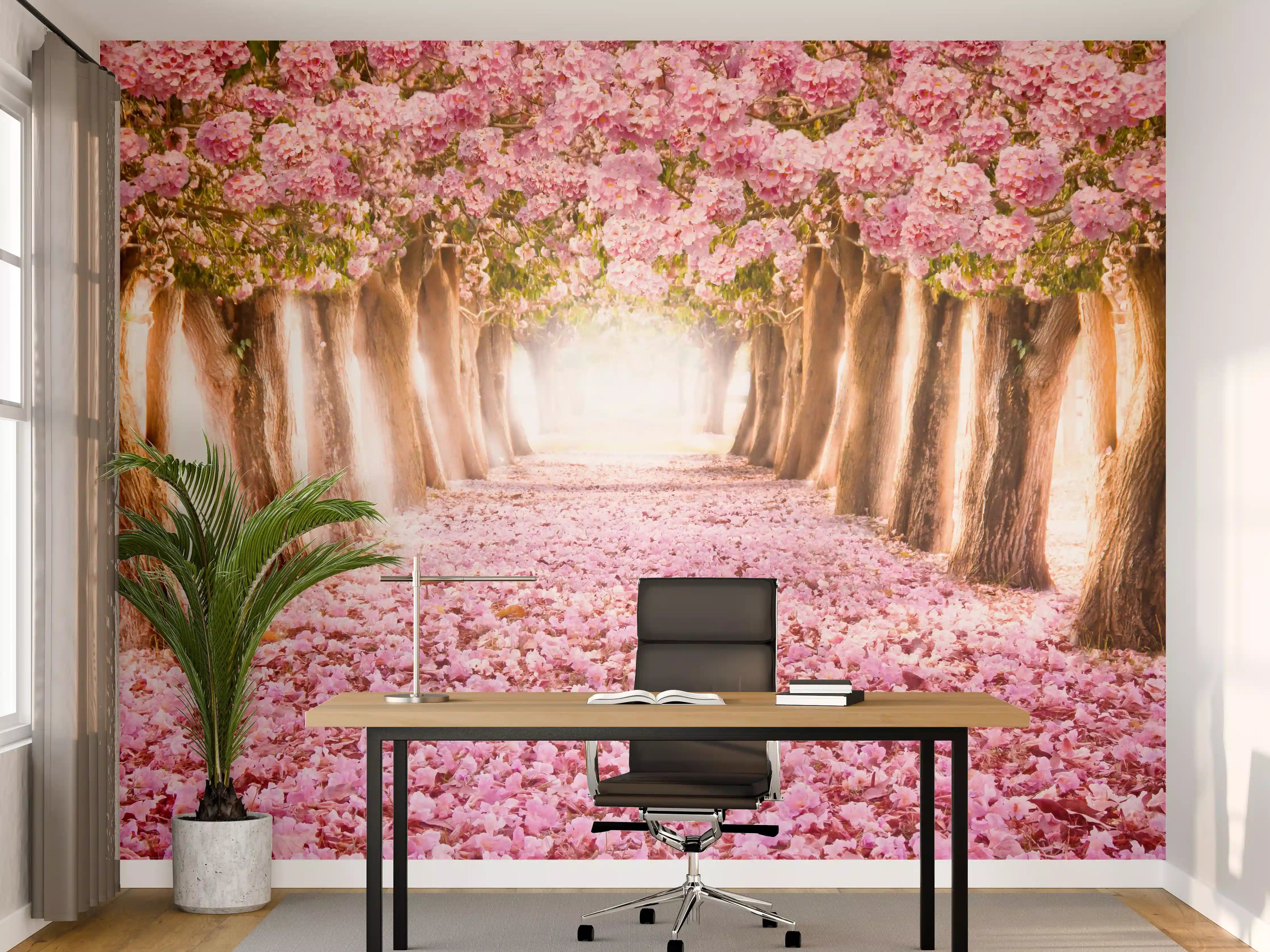 Büro Wandgestaltung - romantischer Weg aus Blüten im Wald 