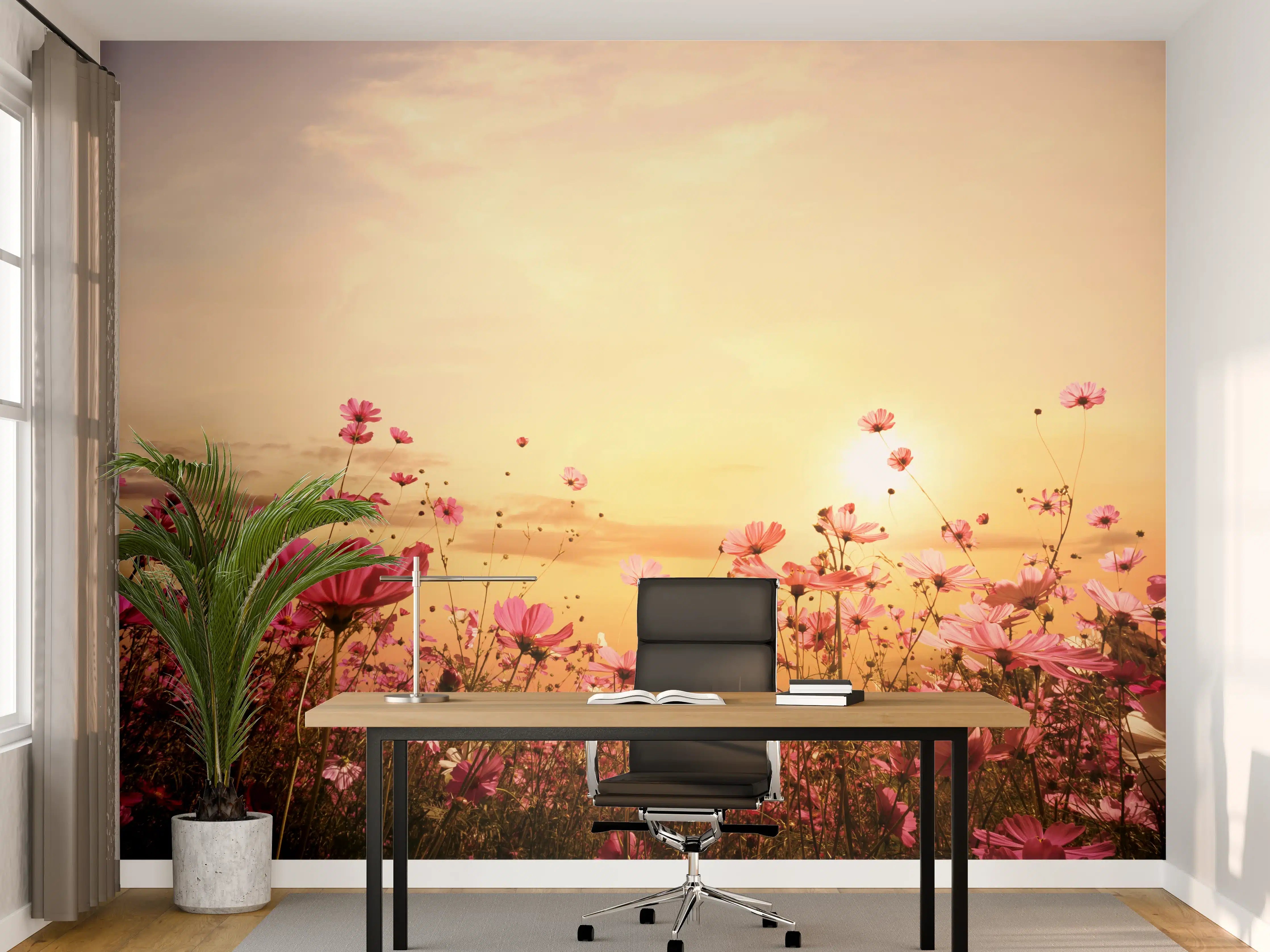 Büro Wandgestaltung - rosa Kosmosblumenfeld