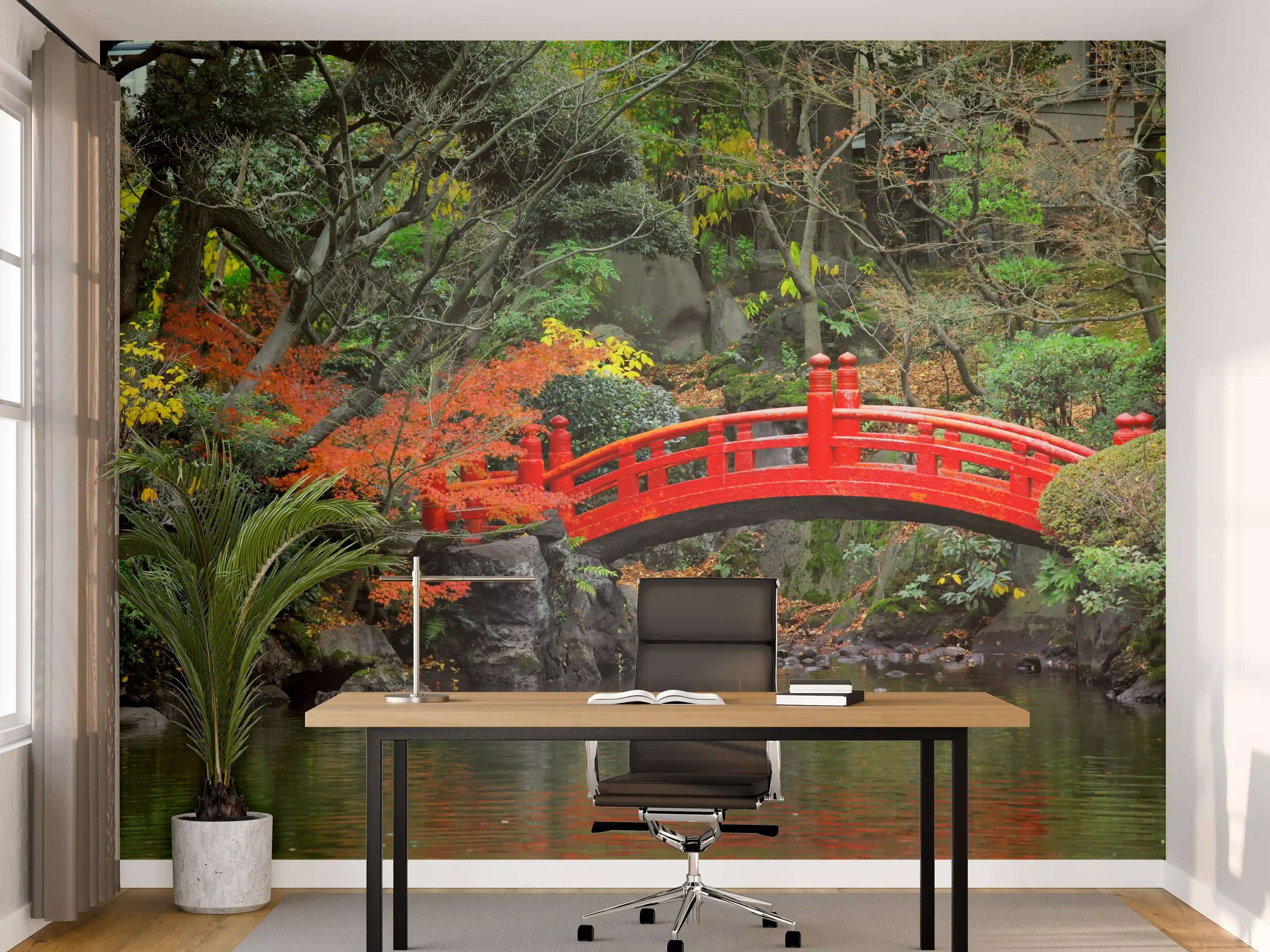Büro Wandgestaltung - traditioneller japanischer Garten an Teich 