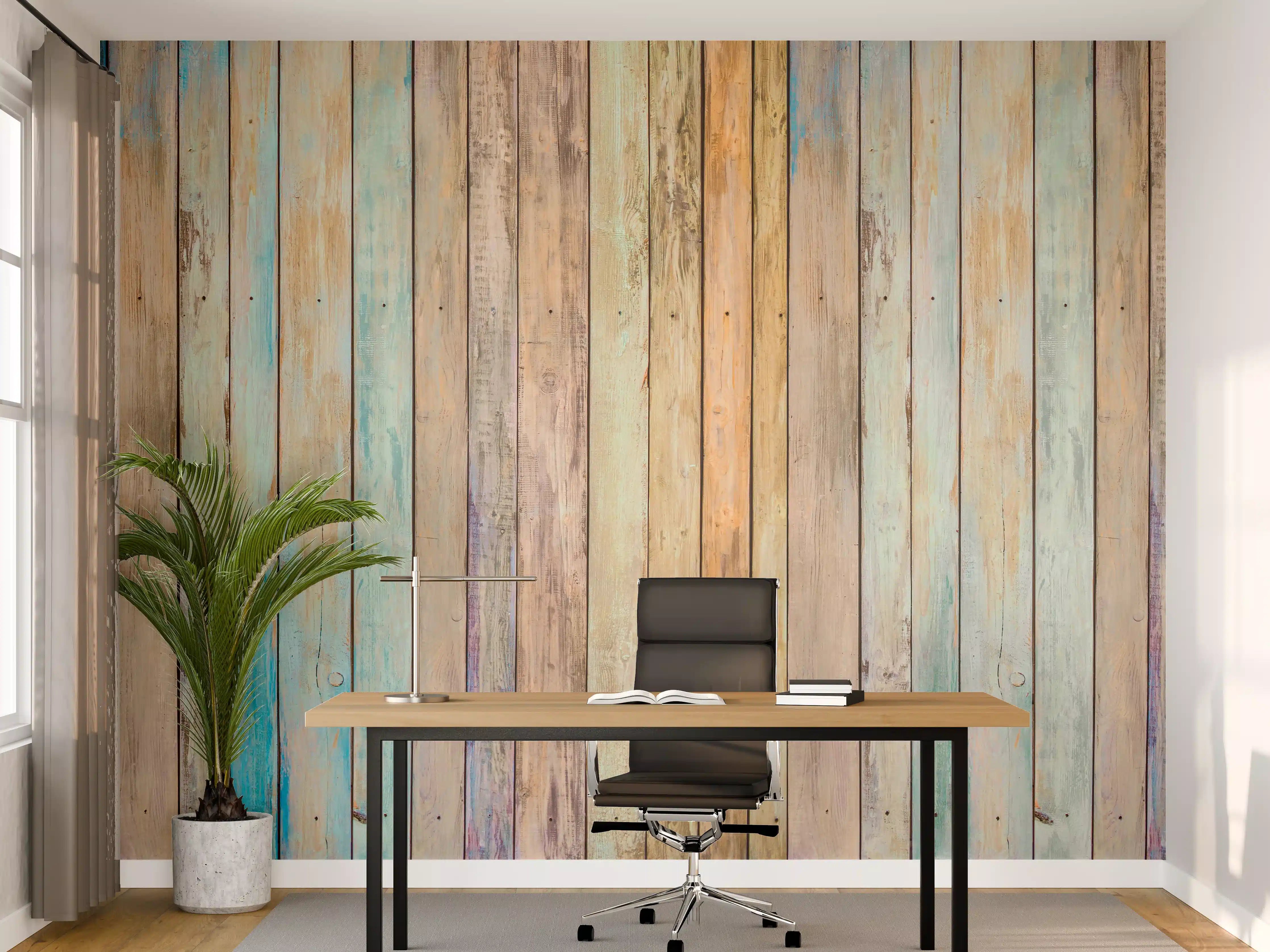 Büro Wandgestaltung - vielfarbiger Hintergrund - alte Holzplanken