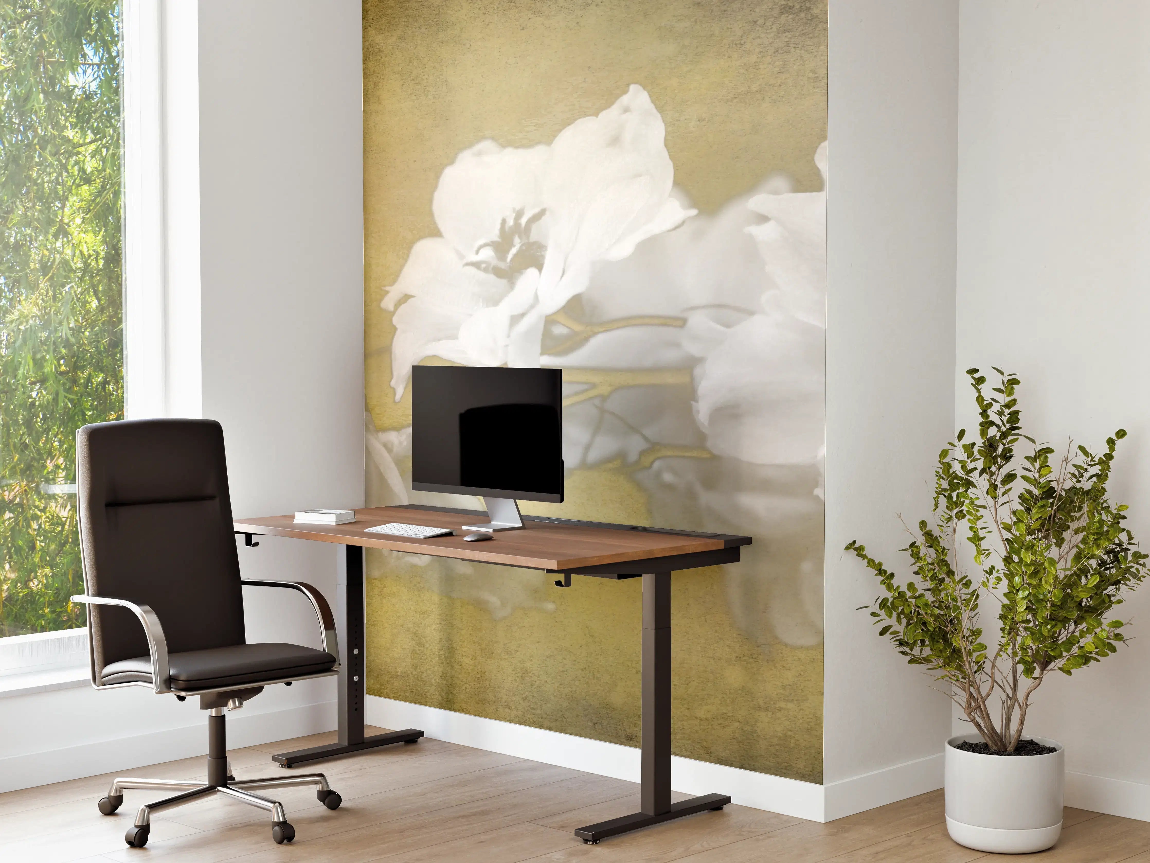 Büro Wandgestaltung - weiße Blumen auf goldenem Hintergrund