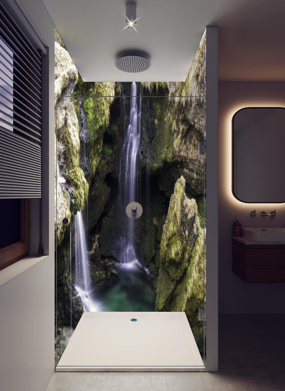 Duschrückwand -  harmonische Traunfall Wasserfälle in hellem Badezimmer mit Regenduschkopf  - zweiteilige Eck-Duschrückwand