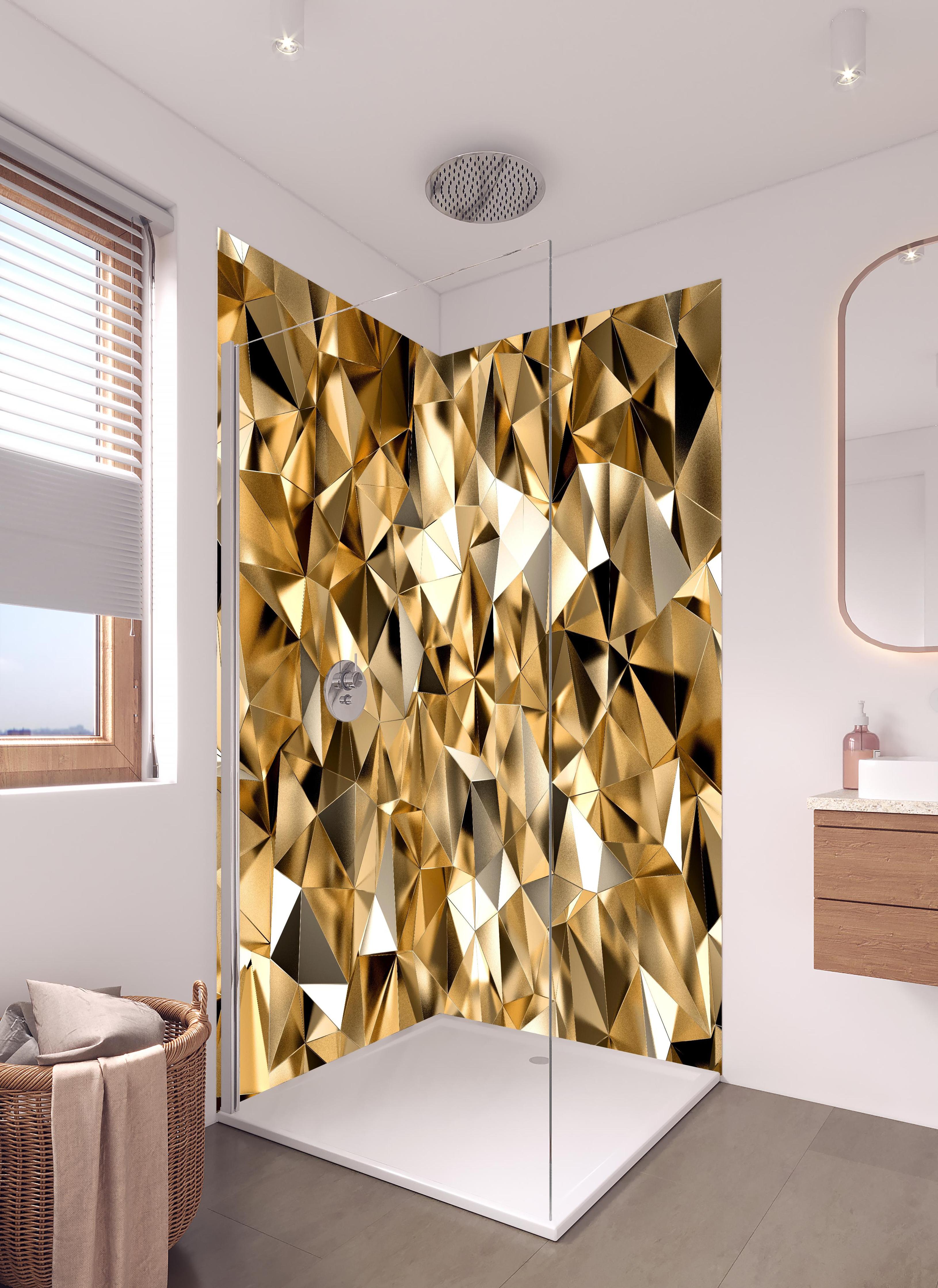 Duschrückwand - 3D Goldenes Kristall Design in hellem Badezimmer mit Regenduschkopf  - zweiteilige Eck-Duschrückwand