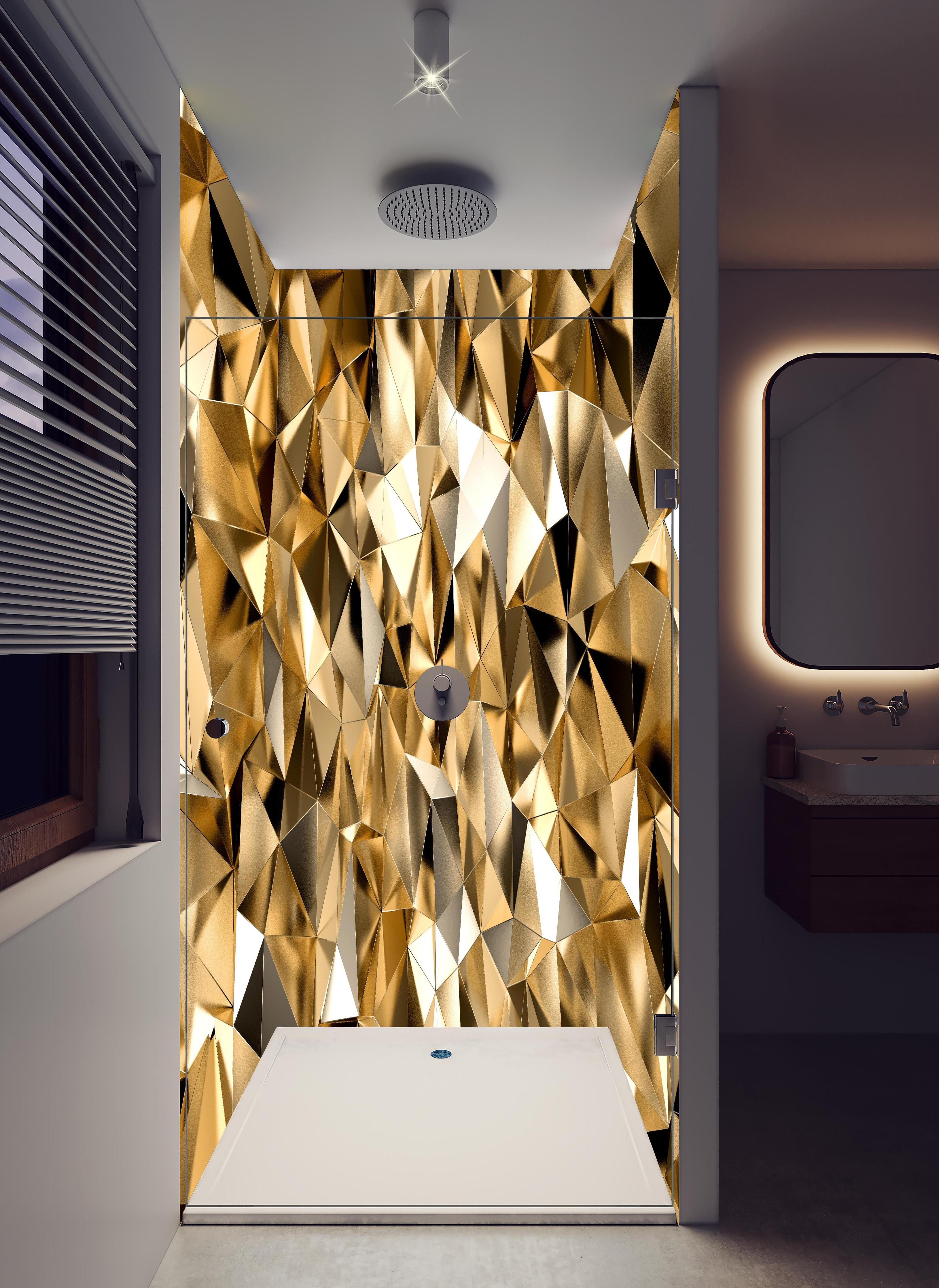 Duschrückwand - 3D Goldenes Kristall Design in hellem Badezimmer mit Regenduschkopf  - zweiteilige Eck-Duschrückwand