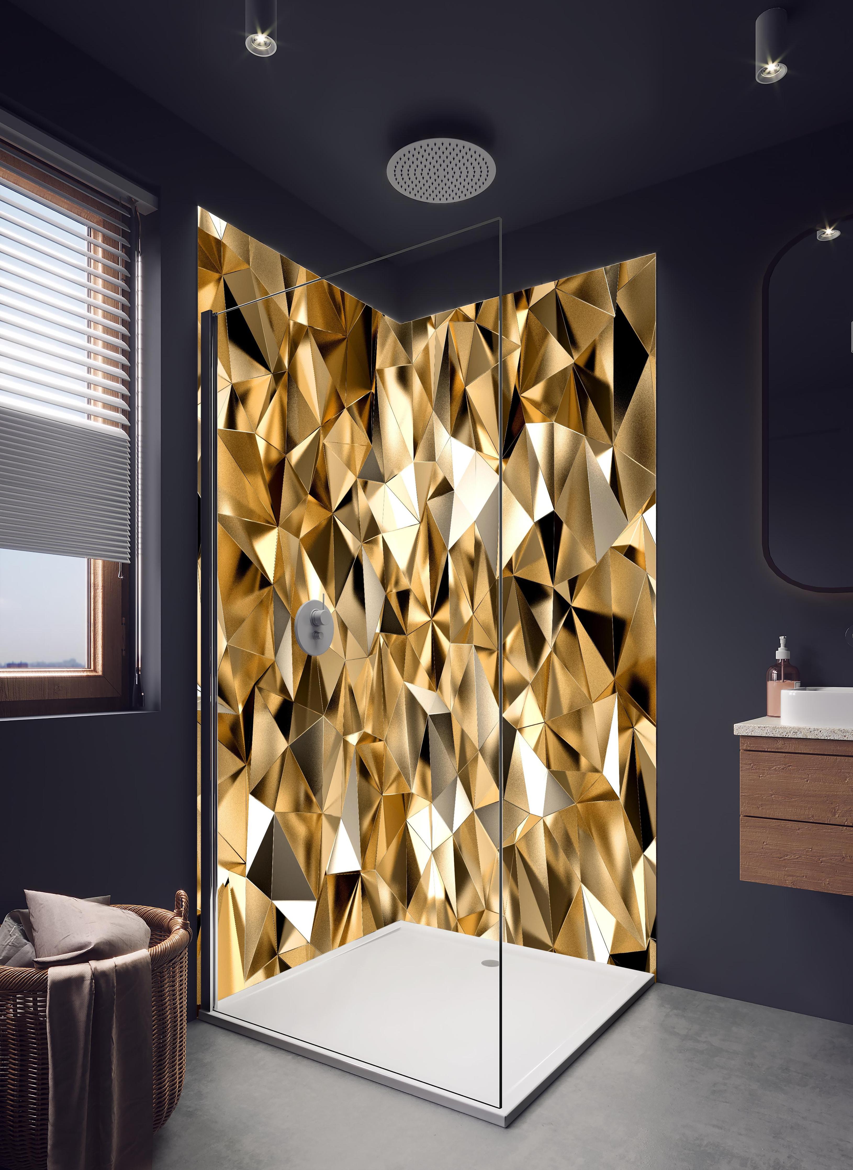 Duschrückwand - 3D Goldenes Kristall Design in hellem Badezimmer mit Regenduschkopf  - zweiteilige Eck-Duschrückwand