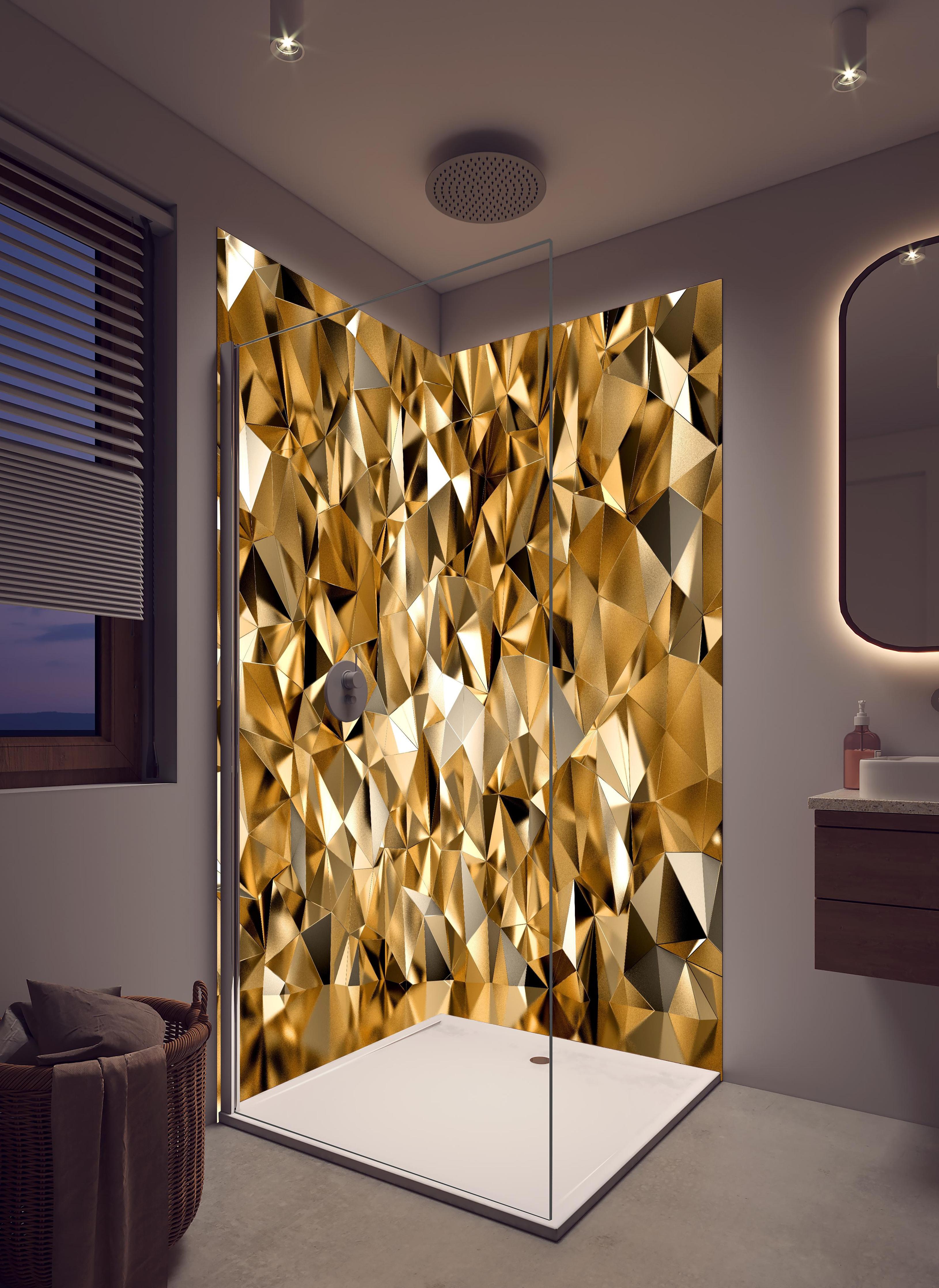 Duschrückwand - 3D Illustration - Goldenes Design in hellem Badezimmer mit Regenduschkopf  - zweiteilige Eck-Duschrückwand