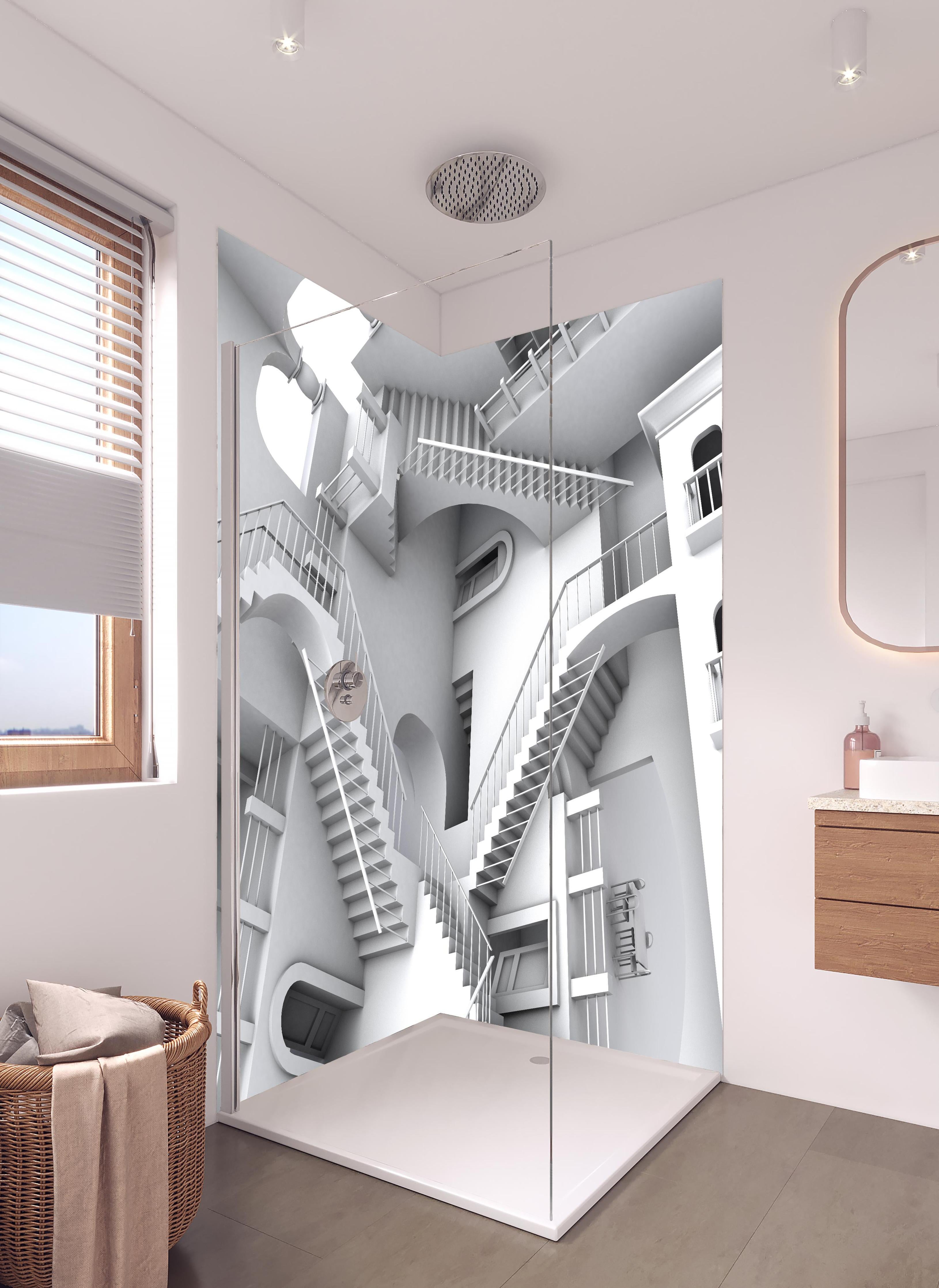 Duschrückwand - 3D-Illustration einer von Escher inspirierten Treppe in hellem Badezimmer mit Regenduschkopf  - zweiteilige Eck-Duschrückwand