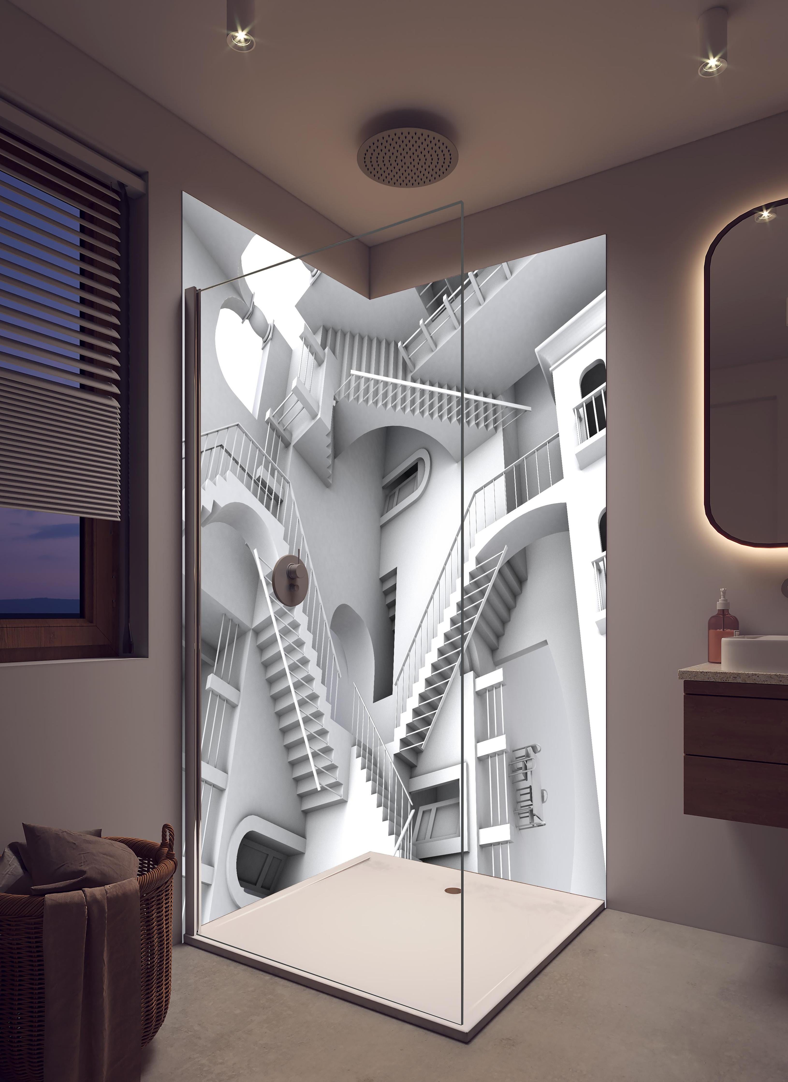 Duschrückwand - 3D-Illustration einer von Escher inspirierten Treppe in hellem Badezimmer mit Regenduschkopf  - zweiteilige Eck-Duschrückwand