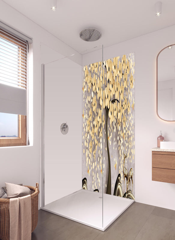 Duschrückwand - Abstrakte Baum Struktur in hellem Badezimmer mit Regenduschkopf  - zweiteilige Eck-Duschrückwand
